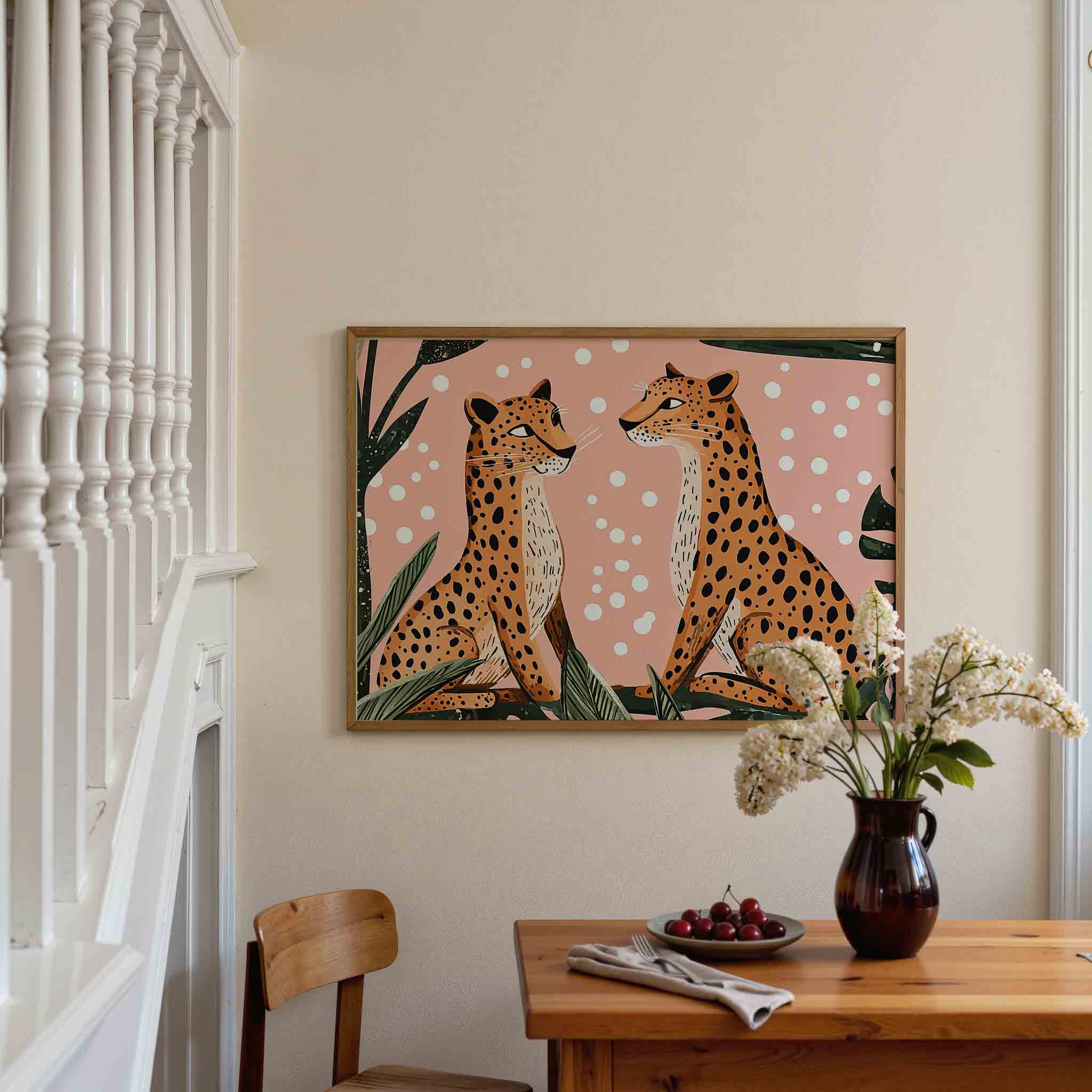Luipaarden op roze achtergrond Poster