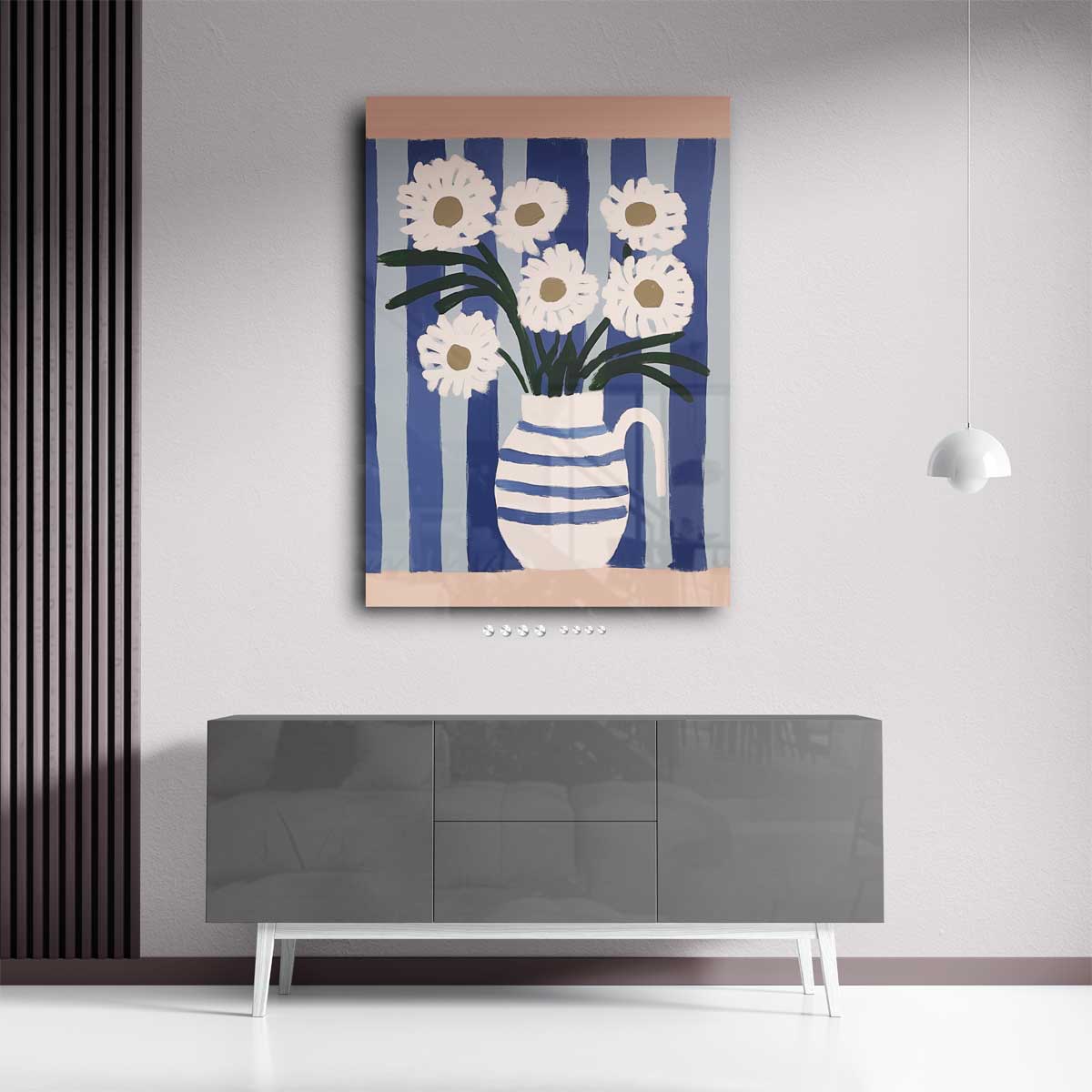 Bloemen in Blauwe Strepen Kunstwerk-canvas-dibond-plexiglas-wanddecoratie-WallArtistic