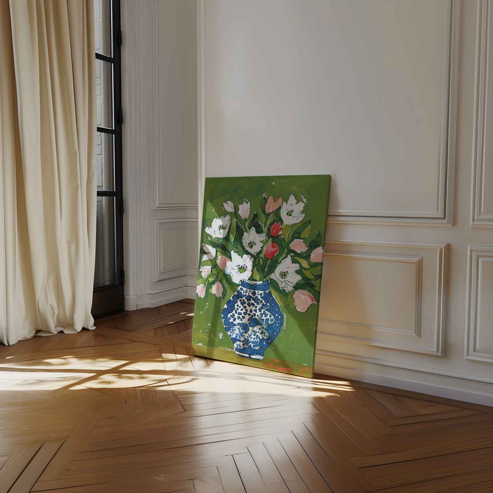 Bloemen in Blauwe Vaas Kunstwerk-canvas-dibond-plexiglas-wanddecoratie-WallArtistic