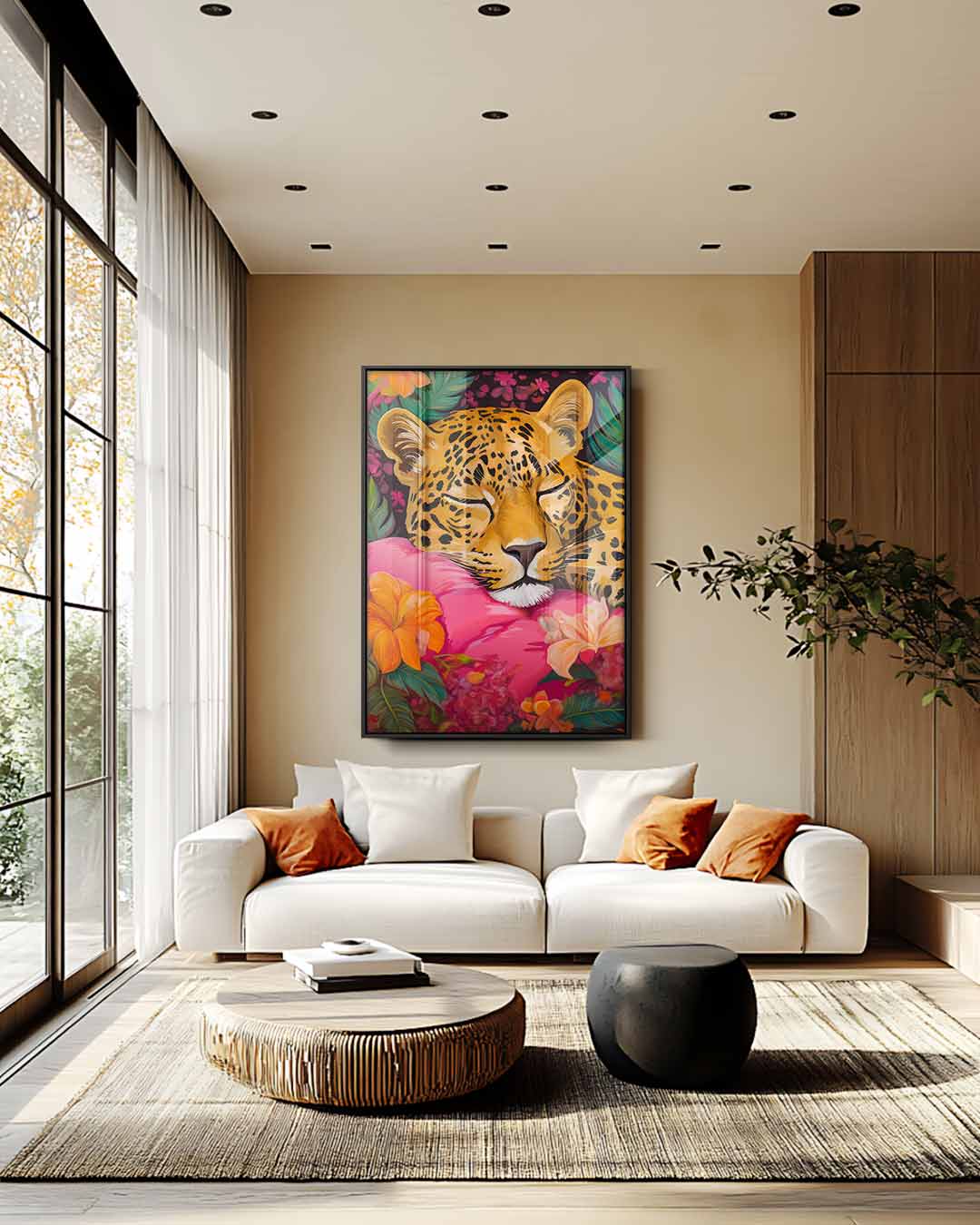 Dromende Luipaard op Roze Kussen Kunstwerk-canvas-dibond-plexiglas-wanddecoratie-WallArtistic