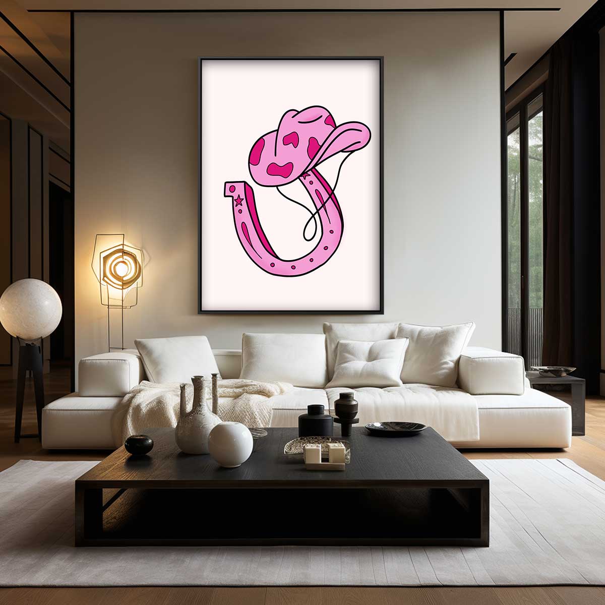 Roze Cowboyhoed en Hoefijzer Illustratie Kunstwerk-canvas-dibond-plexiglas-wanddecoratie-WallArtistic
