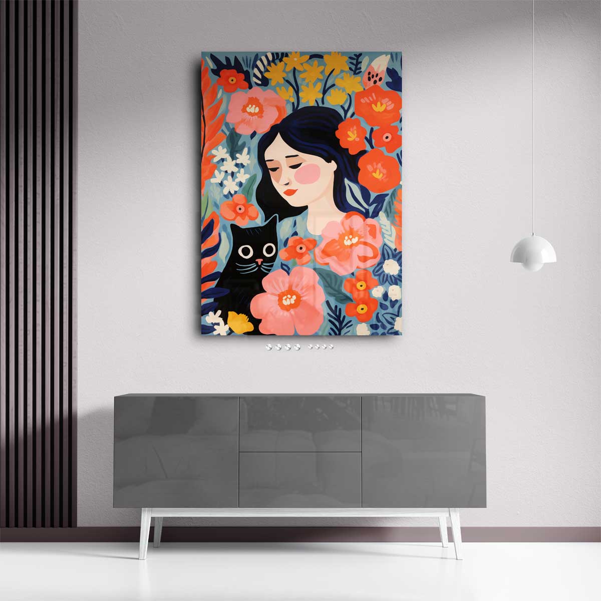 Bloemendroom met Kat Kunstwerk-canvas-dibond-plexiglas-wanddecoratie-WallArtistic