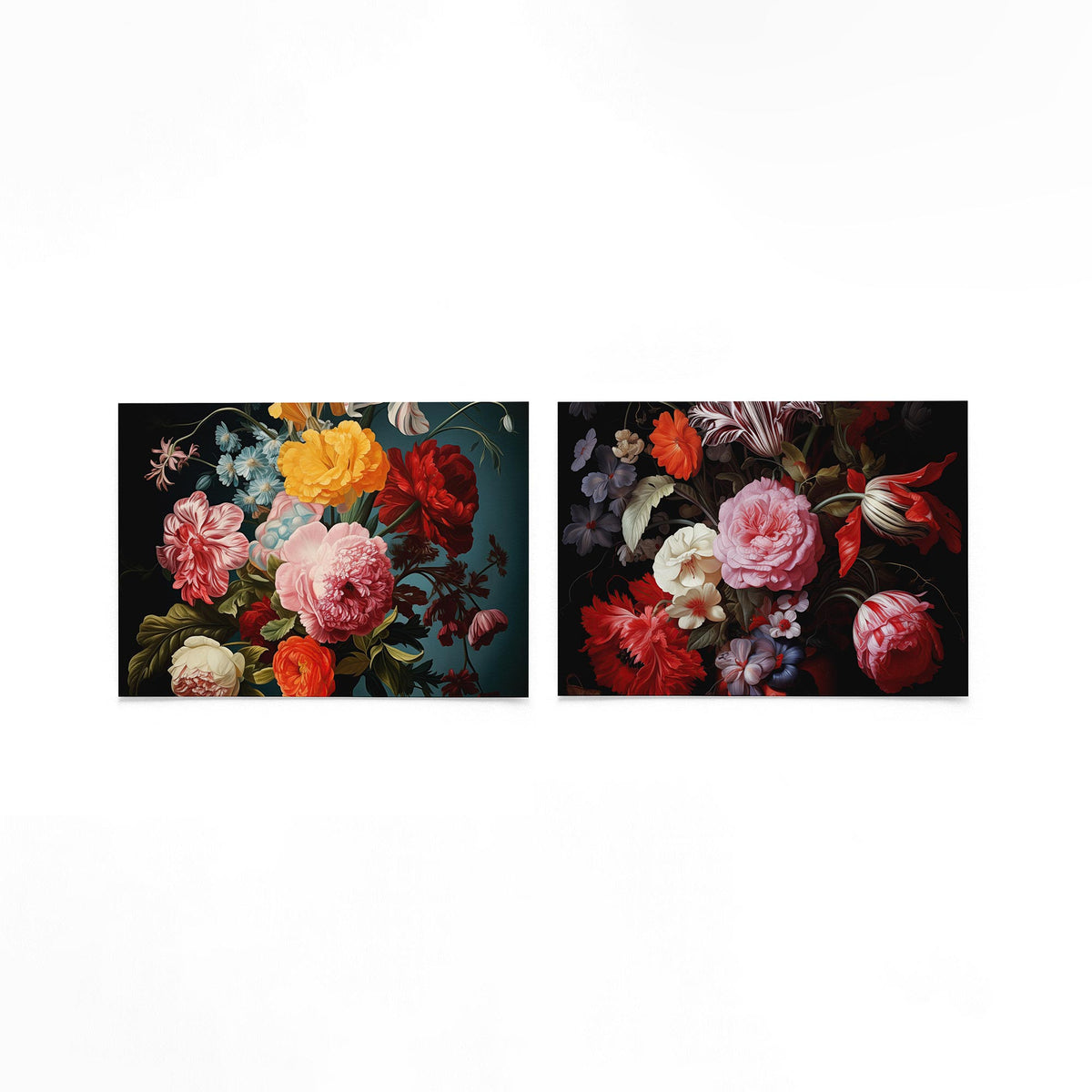 Twee liggende posters met een levendige verzameling bloemen in rijke kleuren op een gebroken witte achtergrond