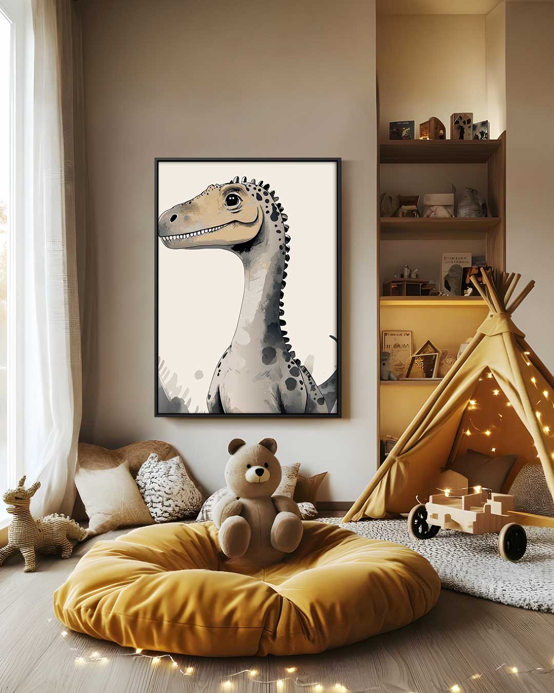 Vriendelijke Dino voor Kinderkamers Kunstwerk-canvas-dibond-plexiglas-wanddecoratie-WallArtistic