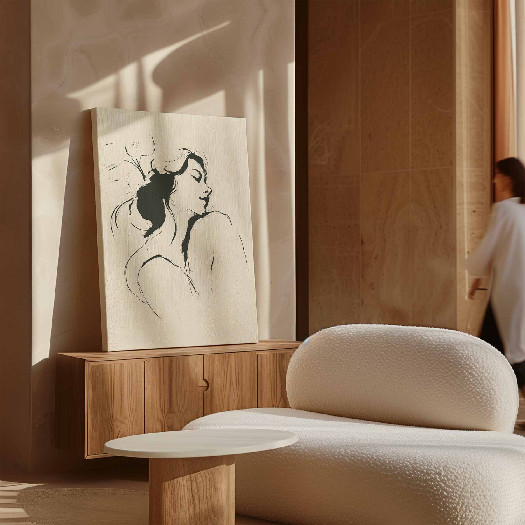 Dromerige Lijntekening Vrouw Kunstwerk-canvas-dibond-plexiglas-wanddecoratie-WallArtistic