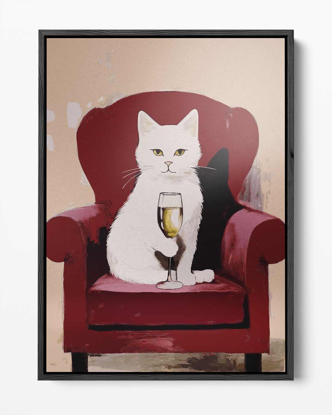 Luxe Kat met Wijn op Rood Stoel Kunstwerk-canvas-dibond-plexiglas-wanddecoratie-WallArtistic