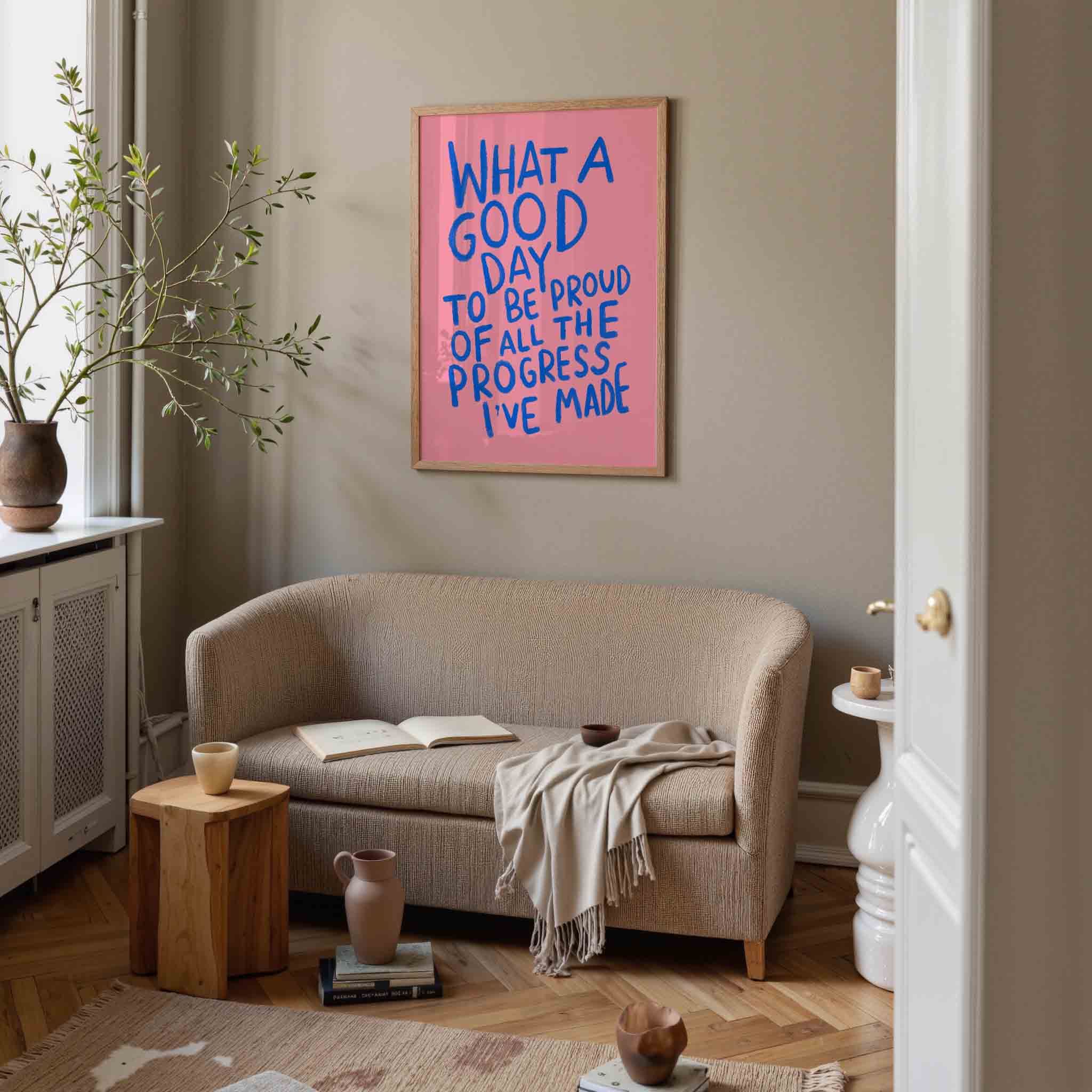 Blauwe tekst op roze achtergrond Poster