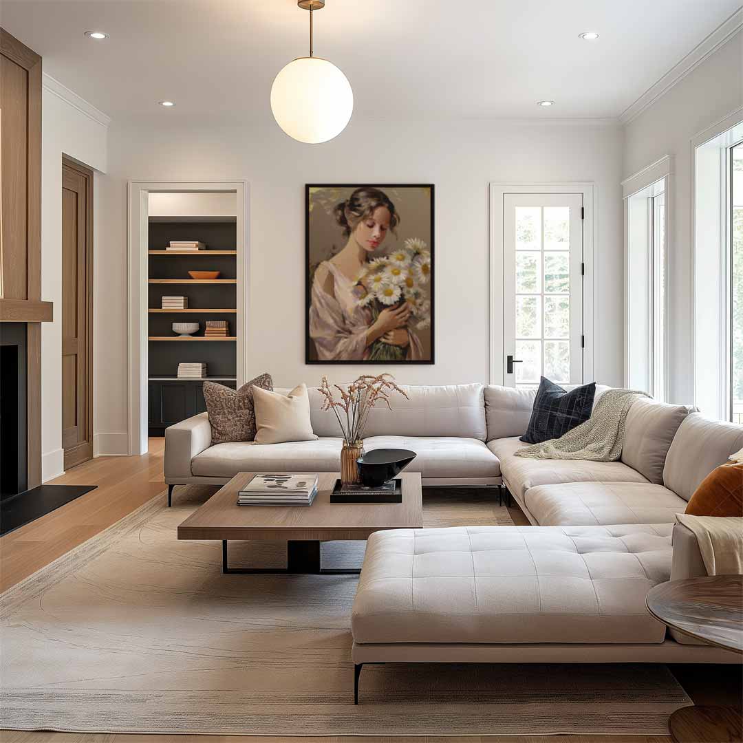 Vrouw met Madeliefjes Kunstwerk-canvas-dibond-plexiglas-wanddecoratie-WallArtistic