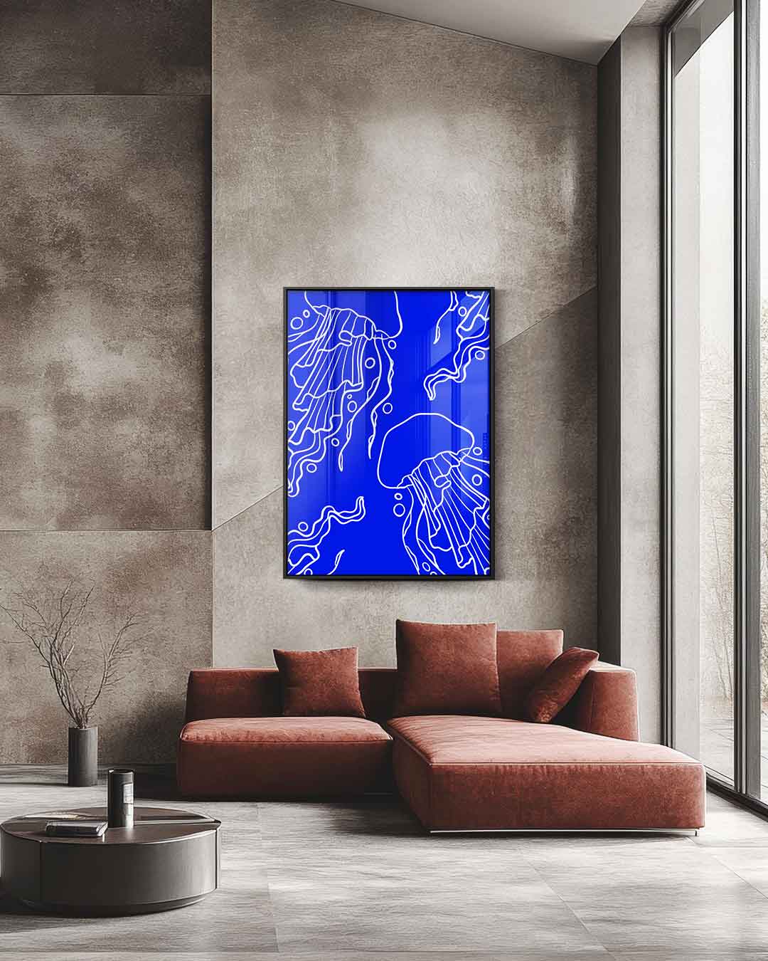 Dromerige Kwallen in Diepblauw Kunstwerk-canvas-dibond-plexiglas-wanddecoratie-WallArtistic