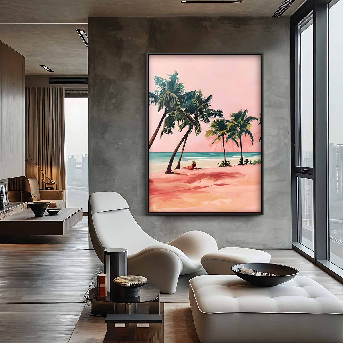 Palmstrand Zonsondergang Kunstwerk-canvas-dibond-plexiglas-wanddecoratie-WallArtistic