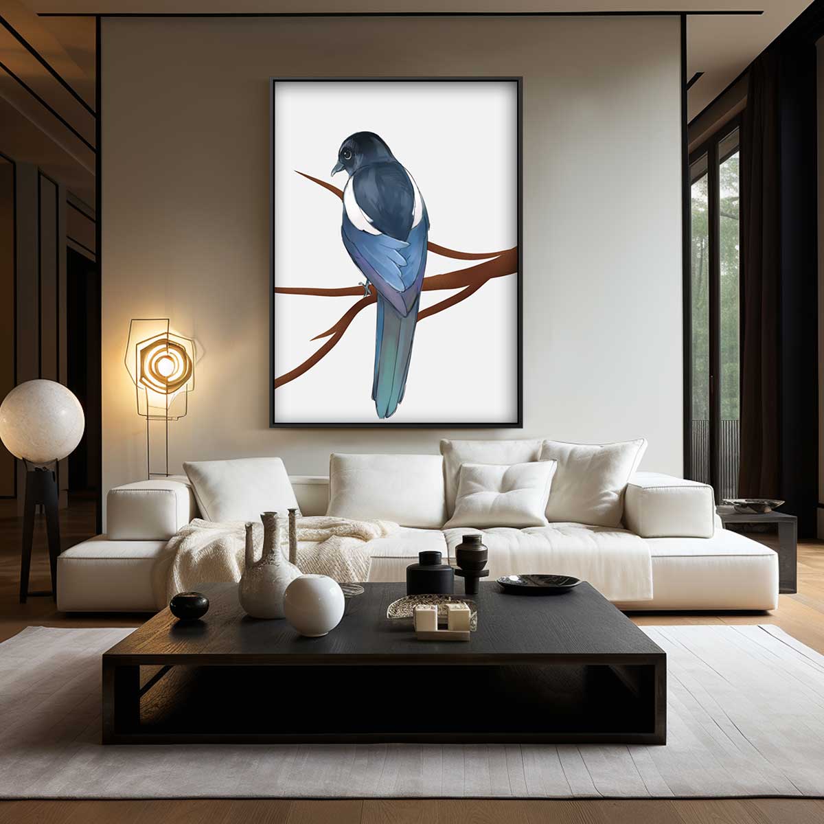Kleurrijke Ekster op Tak Kunstwerk-canvas-dibond-plexiglas-wanddecoratie-WallArtistic