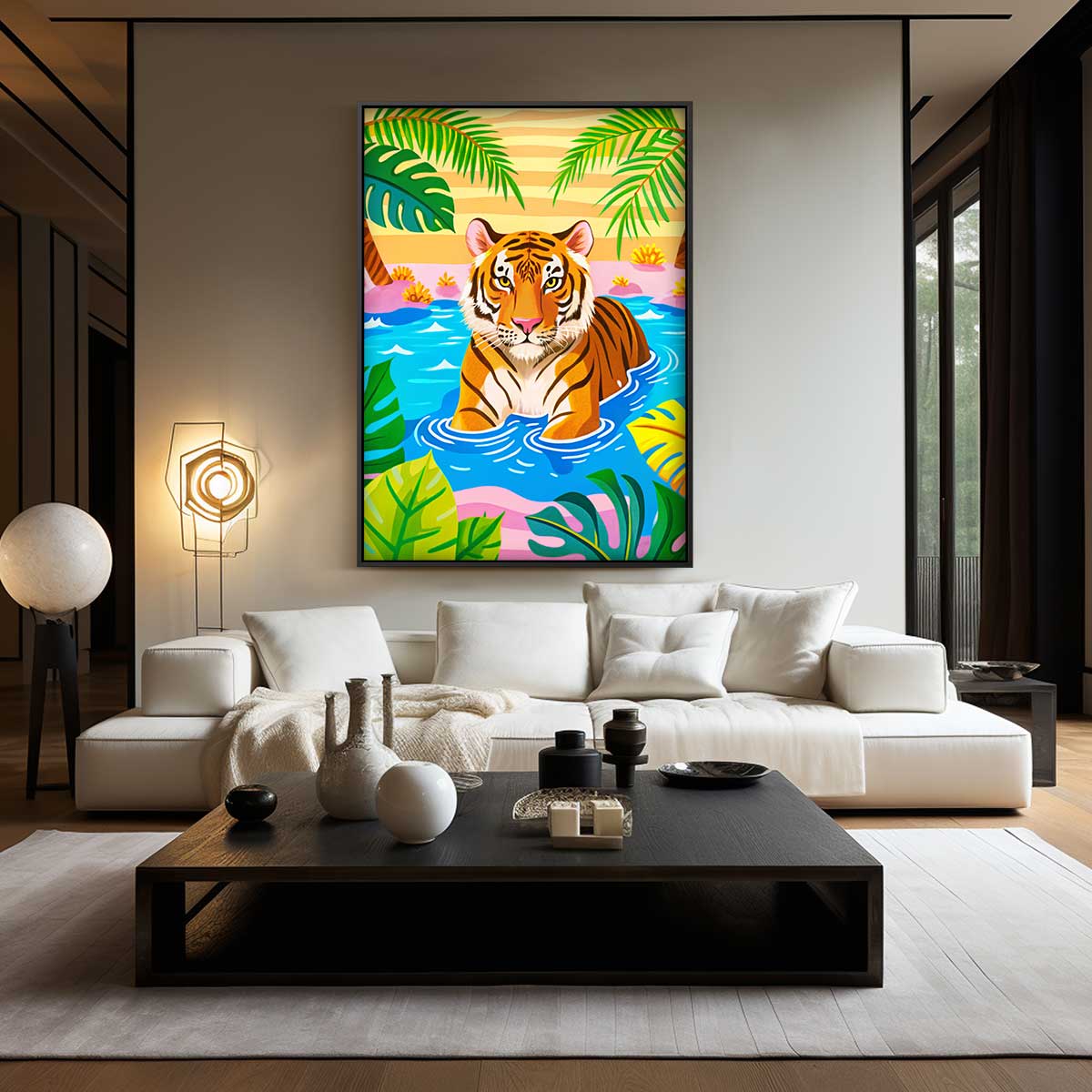 Tropische Tijger in de Lagune Kunstwerk-canvas-dibond-plexiglas-wanddecoratie-WallArtistic