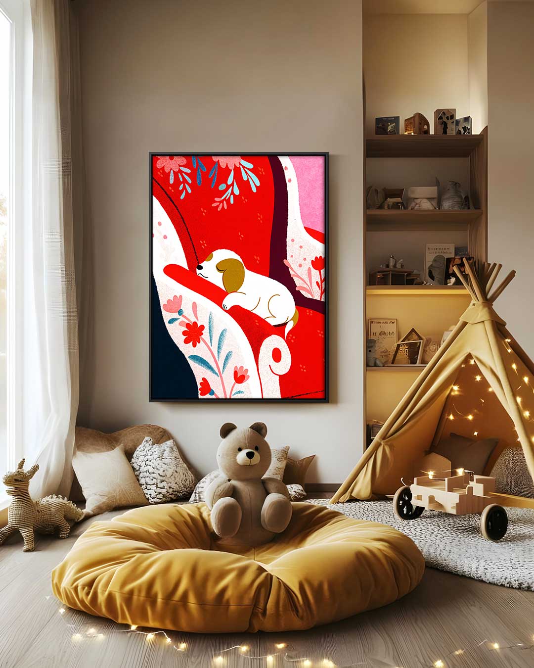 Dromerige Hond op Rode Stoel Kunstwerk-canvas-dibond-plexiglas-wanddecoratie-WallArtistic