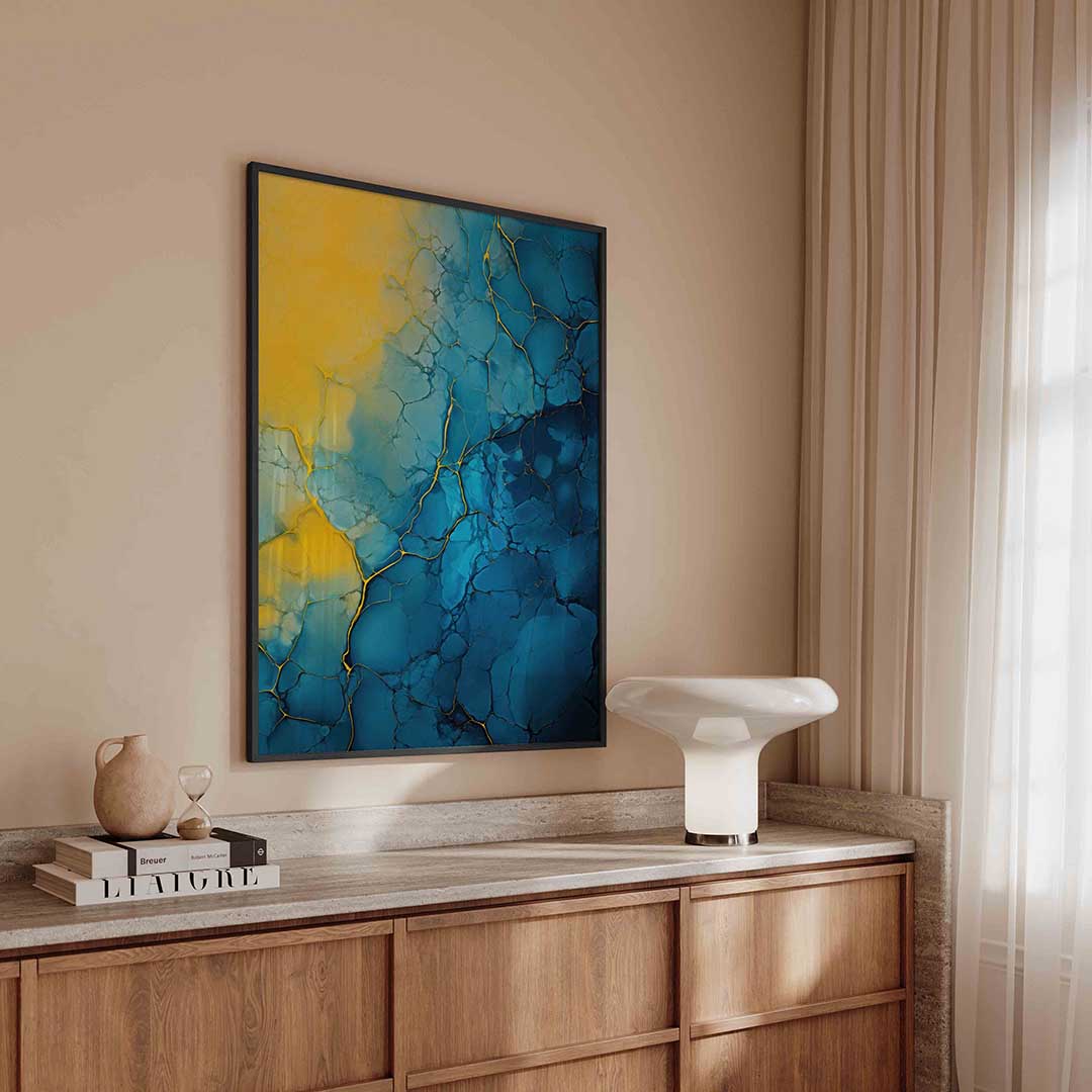 Blauw en geel patroon Poster