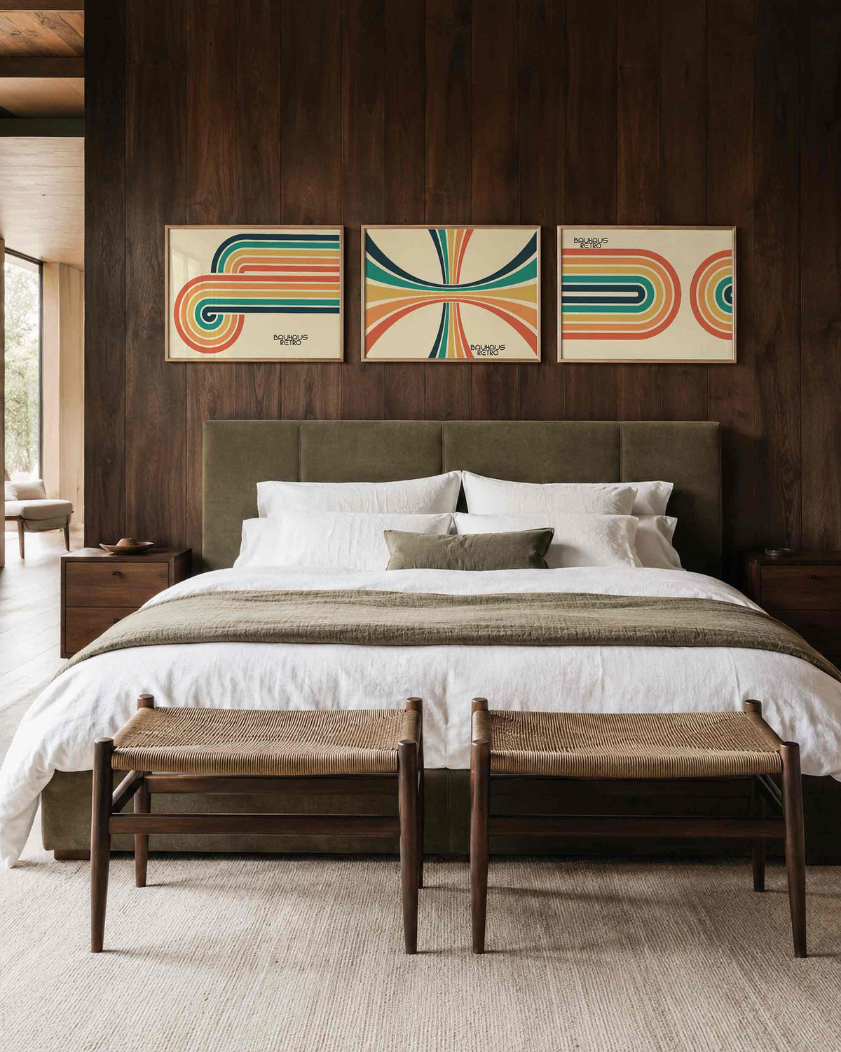 Interieurmockup van drieluik landscape-posterset met gebogen kleurenritme