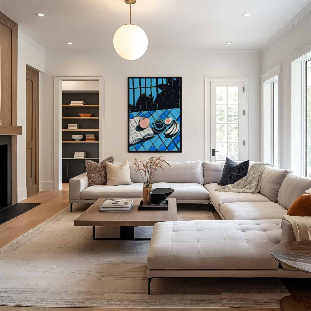Ontspannen Ontbijt in Blauw Kunstwerk-canvas-dibond-plexiglas-wanddecoratie-WallArtistic