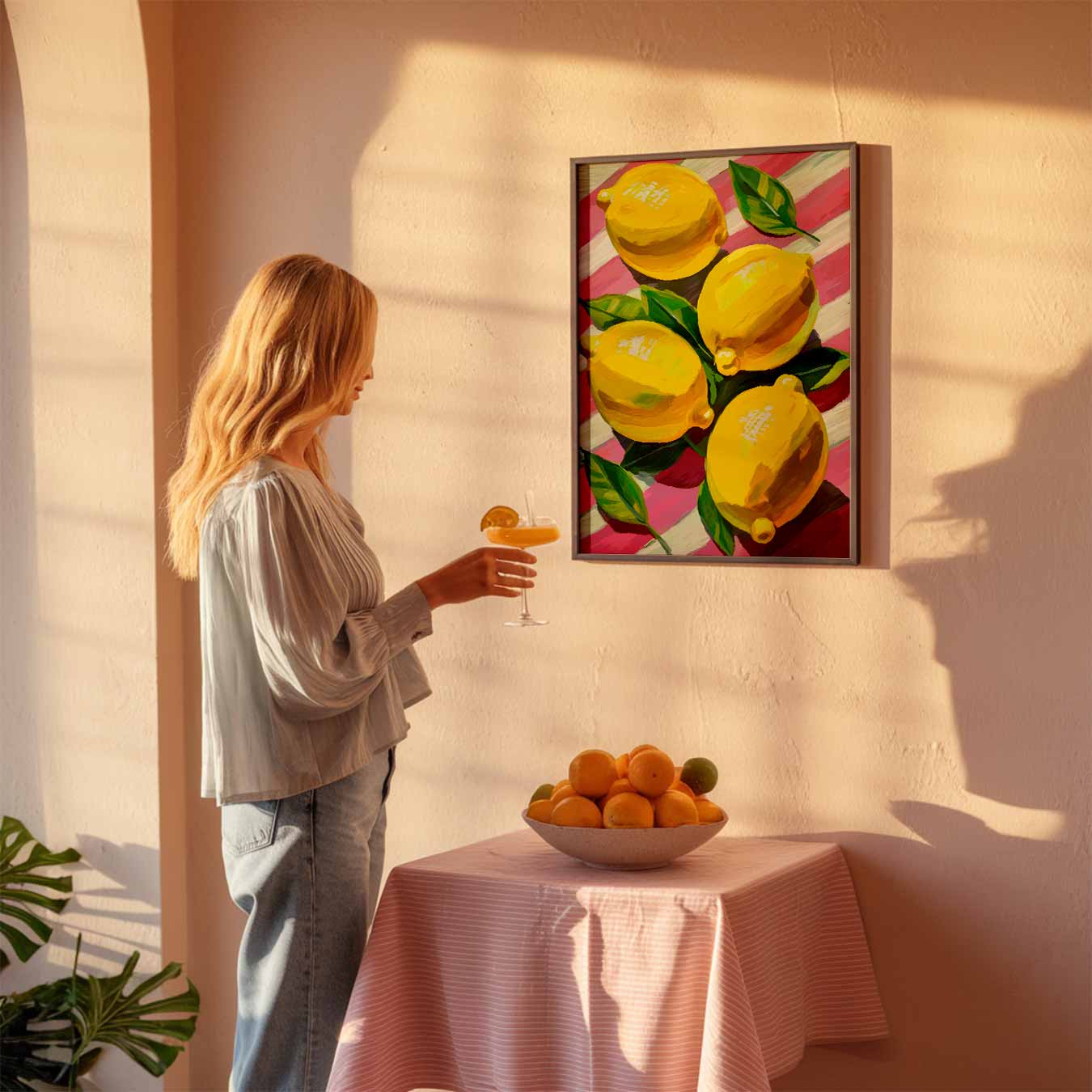 Vrolijke Citroenen op Roze Strepen Poster-WallArtistic