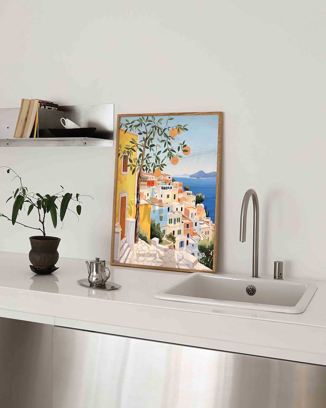 Mediterrane huizen en sinaasappelboom Poster