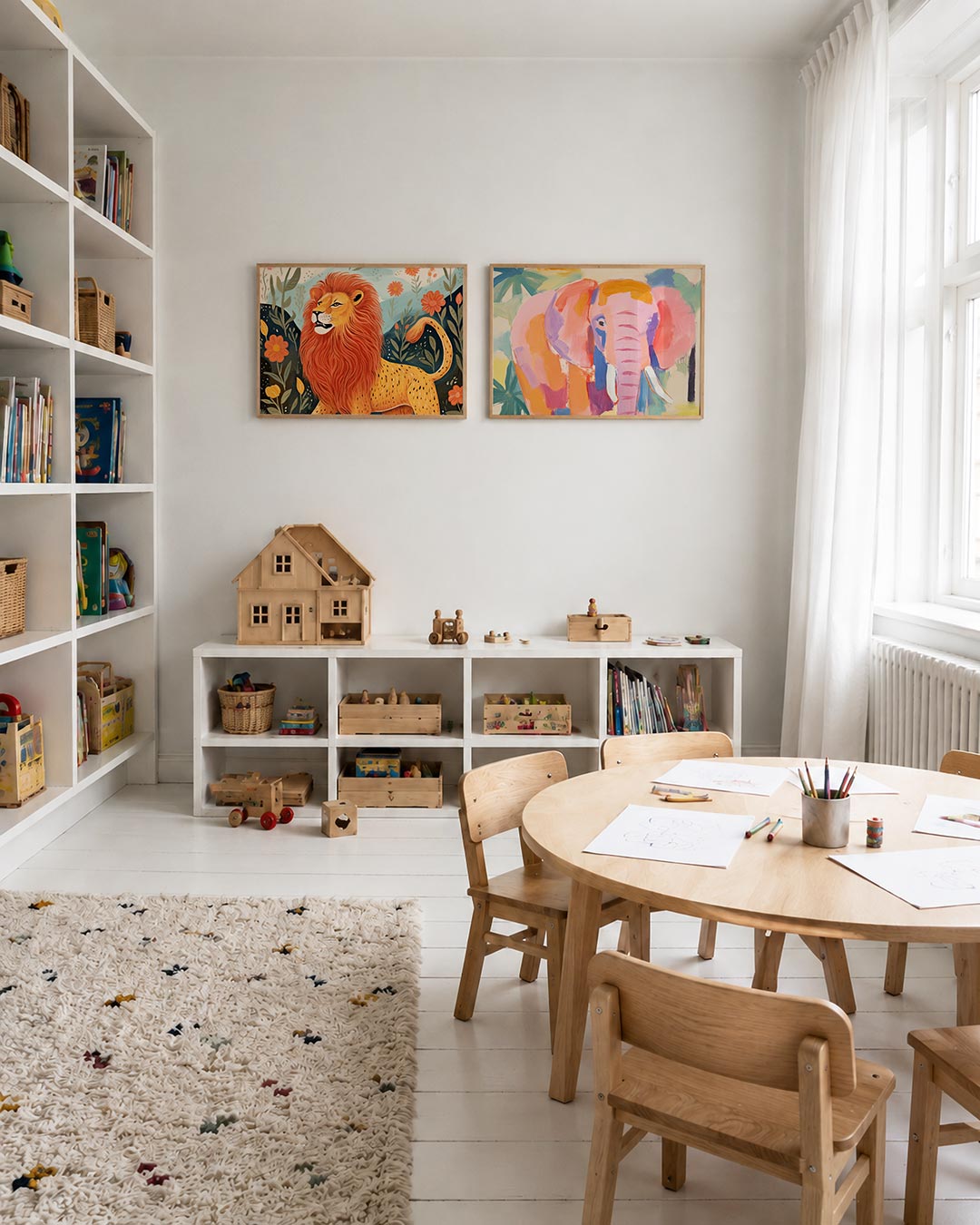 Twee liggende posters met een leeuw met een weelderige manen in warme tinten, aan de muur in een interieur
