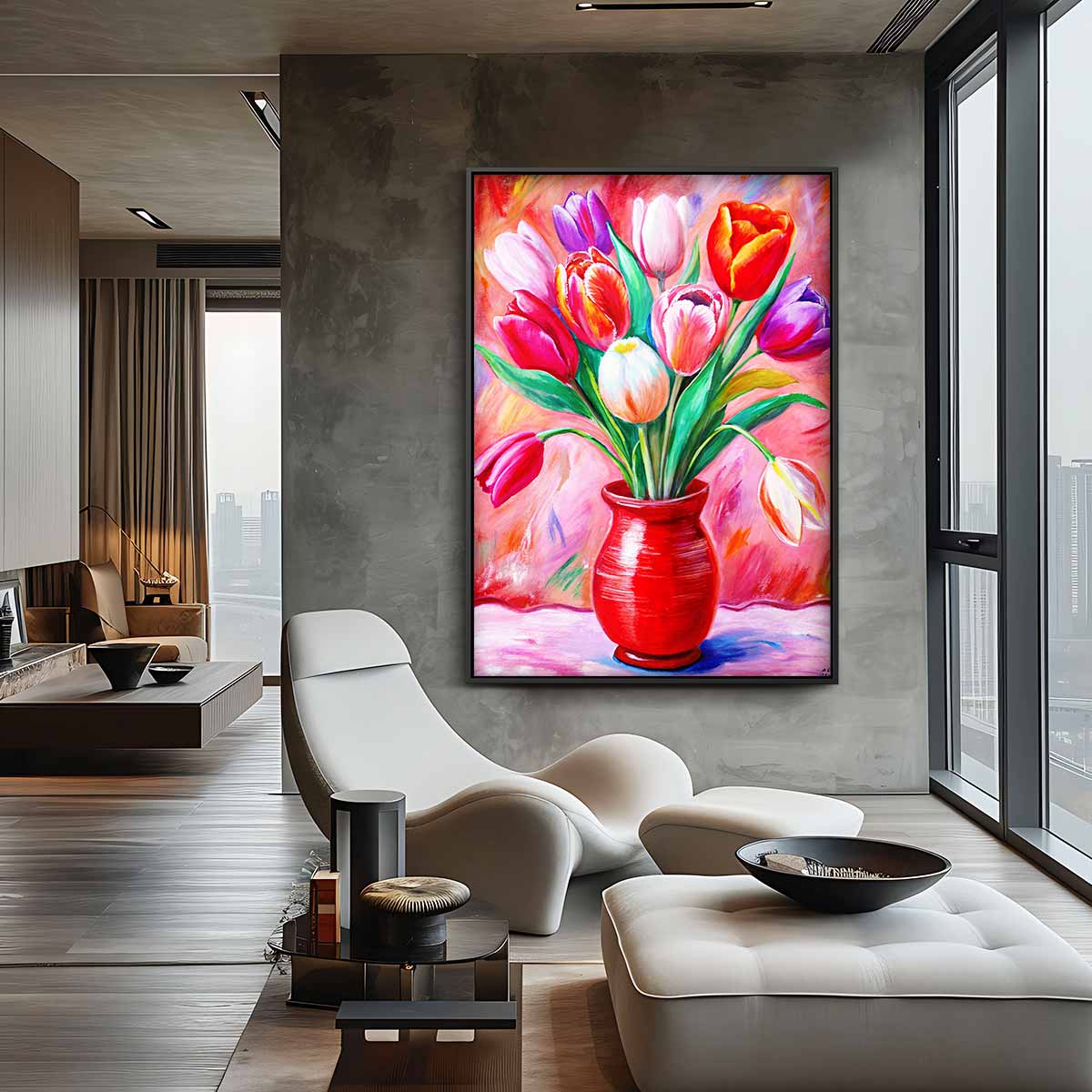 Kleurrijke Tulpen in Rode Vaas Kunstwerk-canvas-dibond-plexiglas-wanddecoratie-WallArtistic