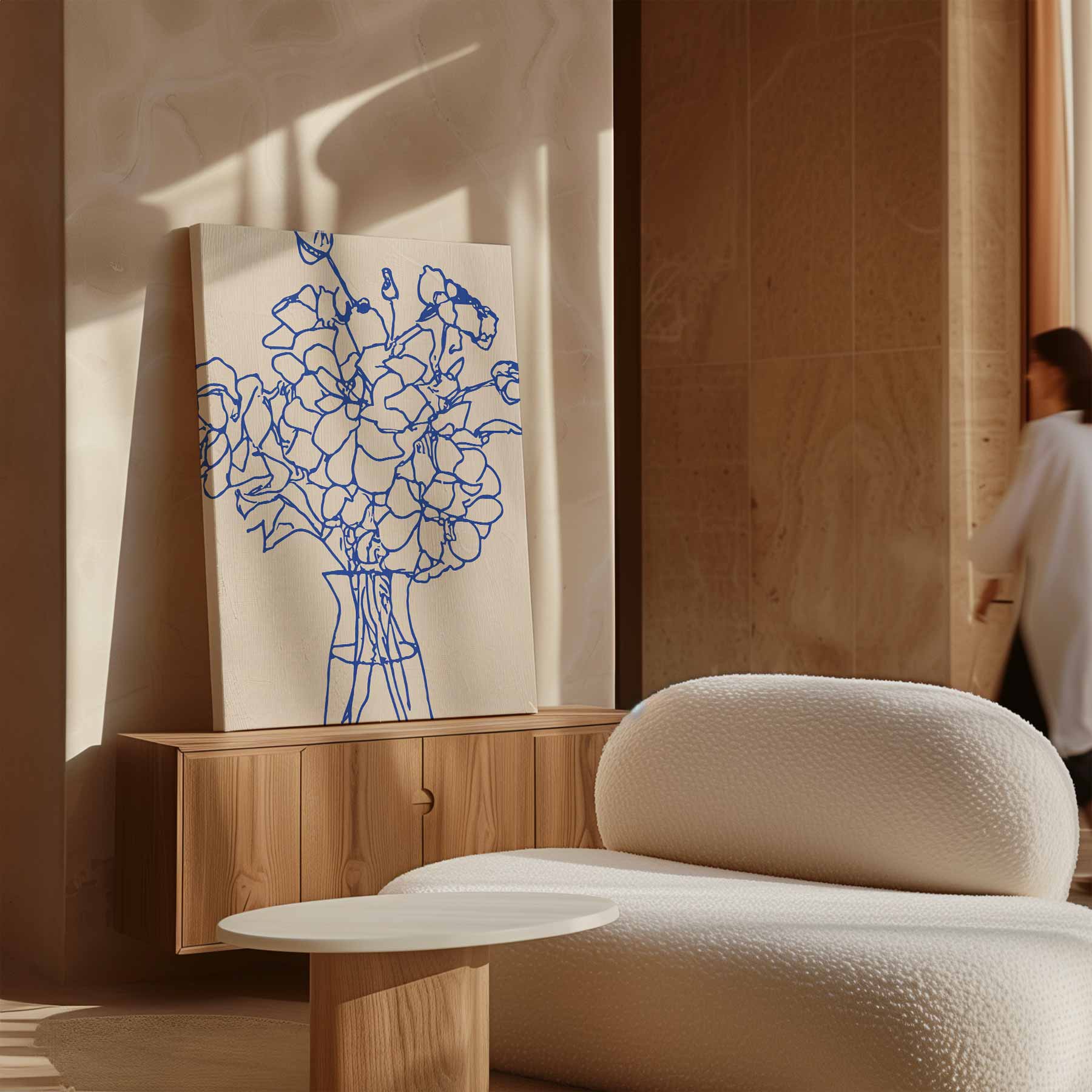 Elegante Blauwe Bloemenlijn Kunstwerk-canvas-dibond-plexiglas-wanddecoratie-WallArtistic