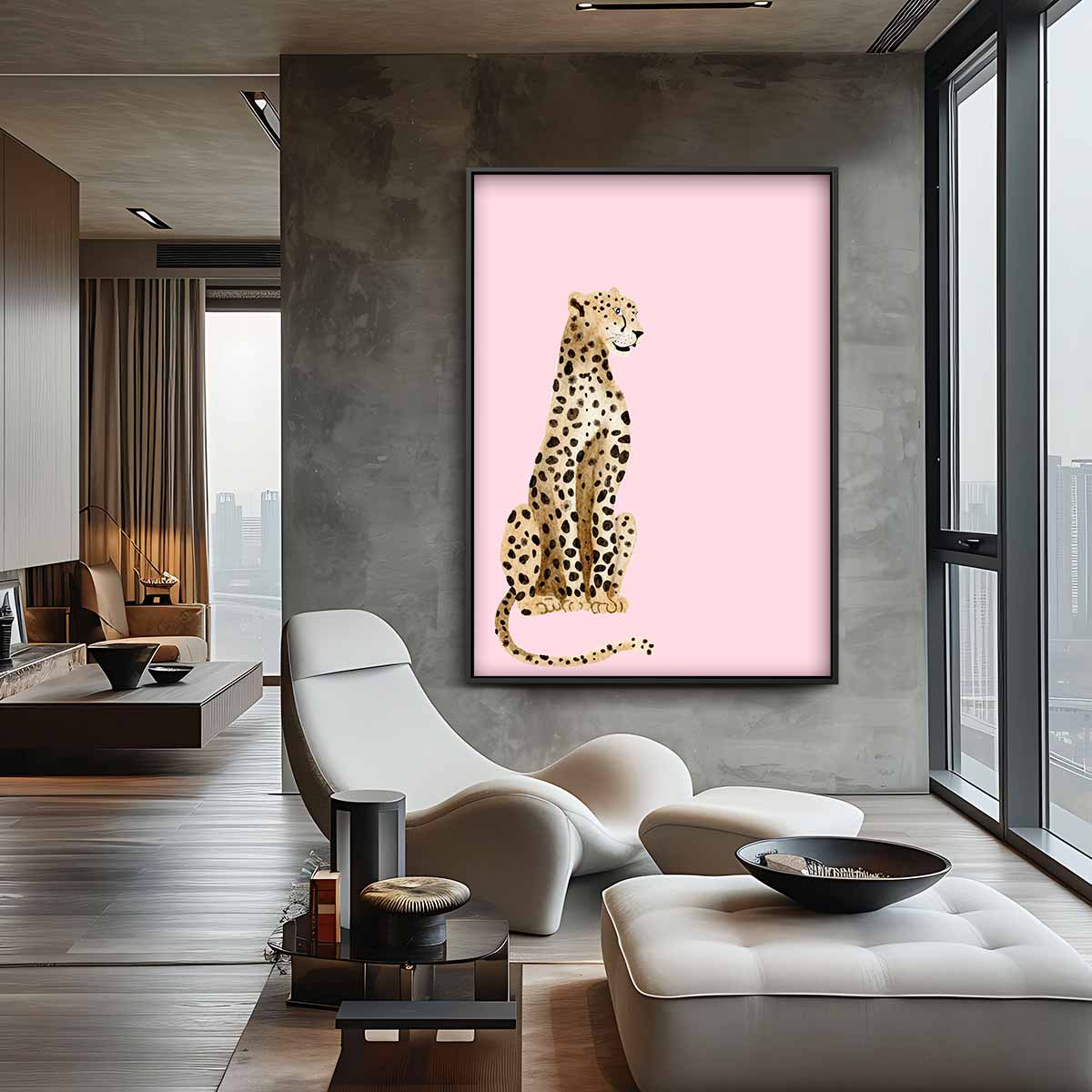 Elegante Luipaard op Roze Achtergrond Kunstwerk-canvas-dibond-plexiglas-wanddecoratie-WallArtistic
