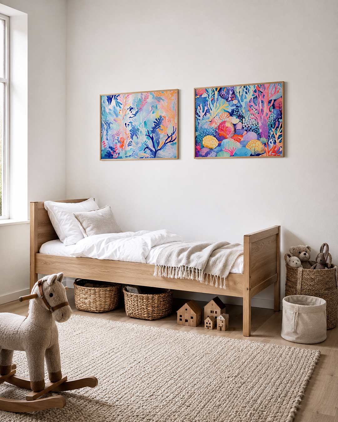 Twee liggende posters met organische vormen en kleuren, aan de muur in een interieur