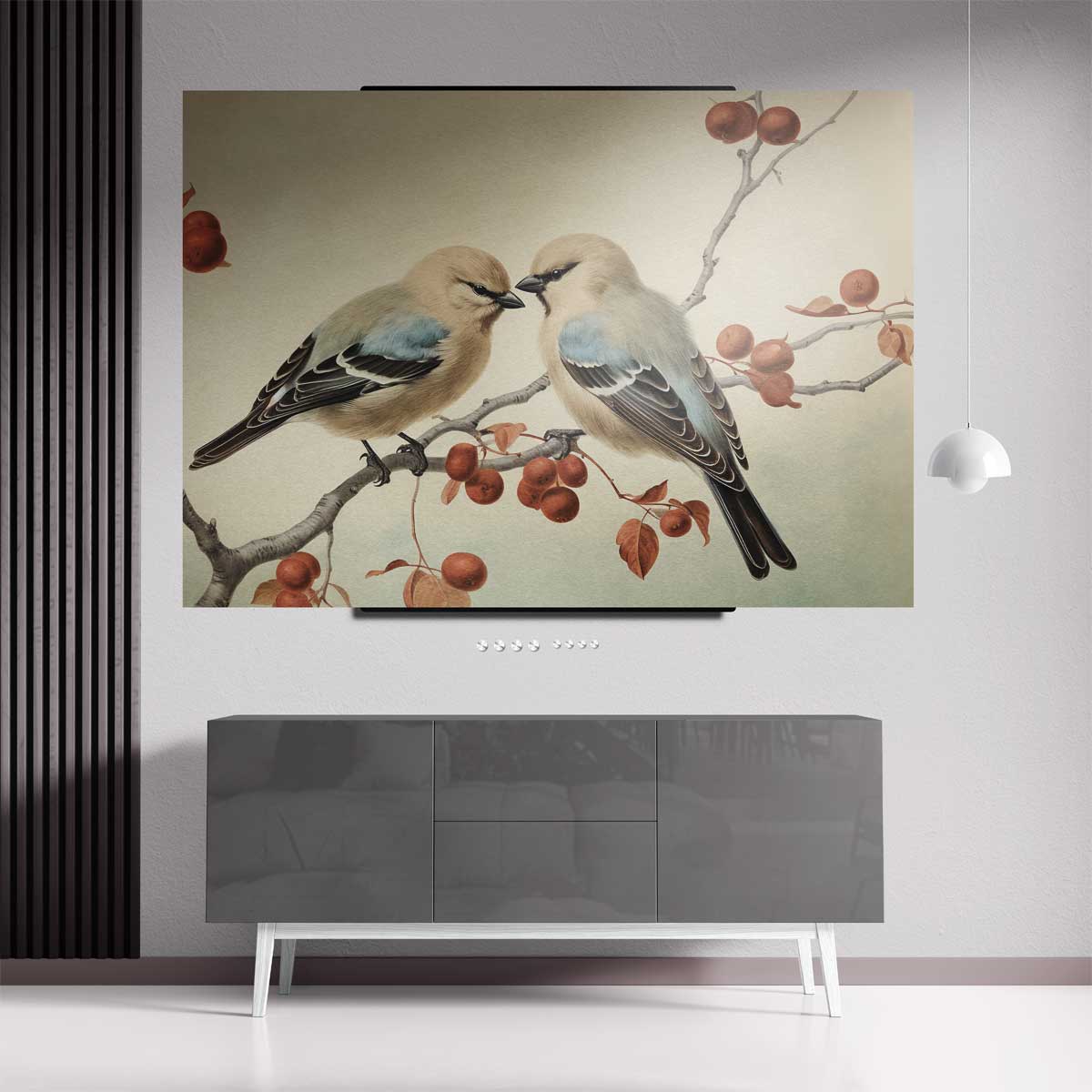 Vogelpaar op Tak Kunstwerk-canvas-dibond-plexiglas-wanddecoratie-WallArtistic