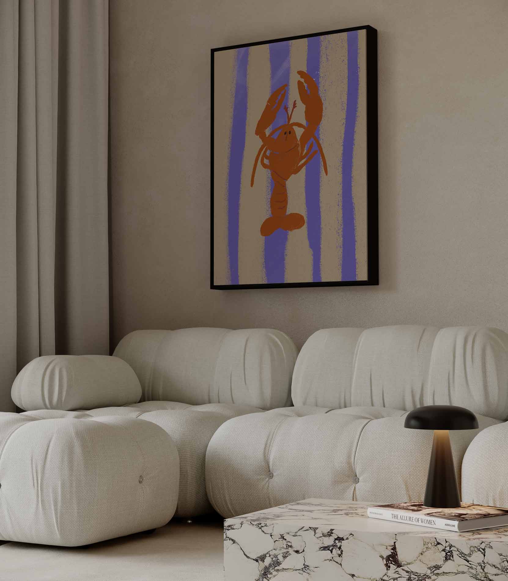 Dansende Kreeft op Streepjesachtergrond Kunstwerk-canvas-dibond-plexiglas-wanddecoratie-WallArtistic