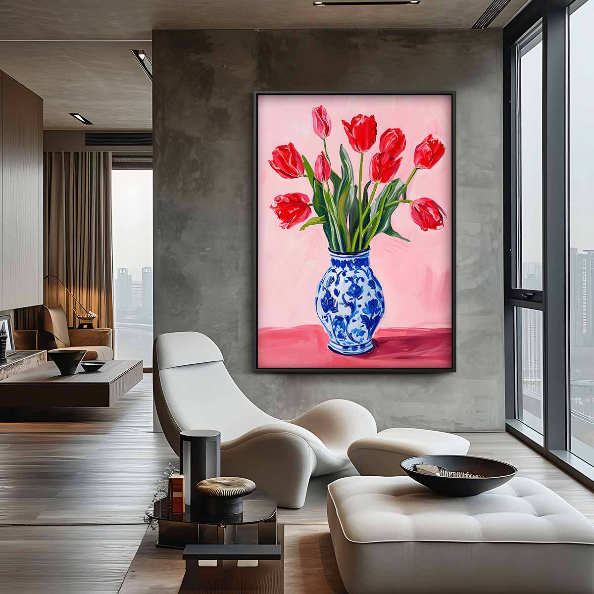 Vrolijke Tulpen in Delfts Blauw Kunstwerk-canvas-dibond-plexiglas-wanddecoratie-WallArtistic