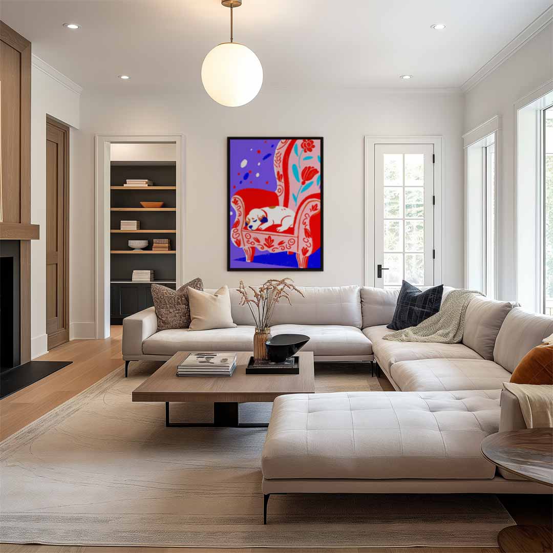 Slapende Hond op Rood Stoel Kunstwerk-canvas-dibond-plexiglas-wanddecoratie-WallArtistic