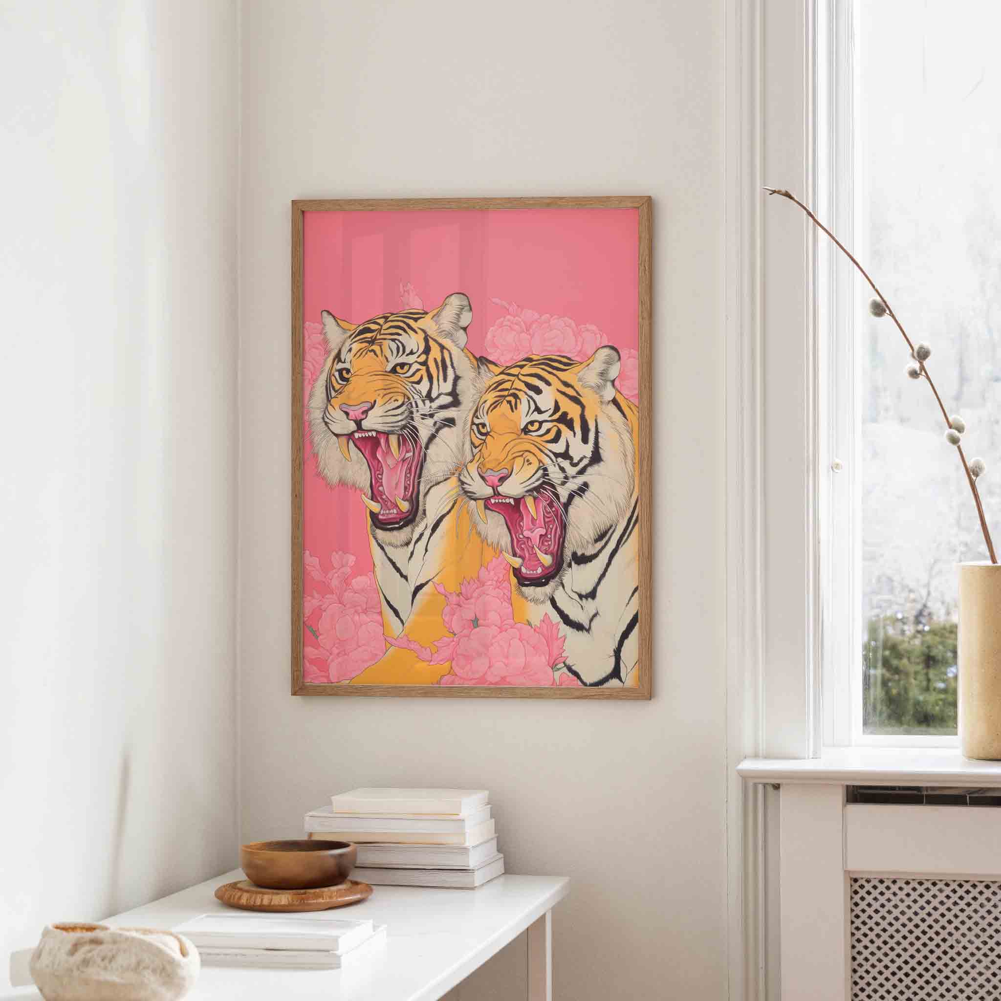 Twee tijgers met bloemen Poster