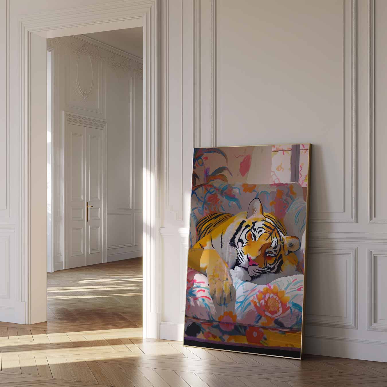 Dromerige Tijger op Bloemige Bank Poster-WallArtistic