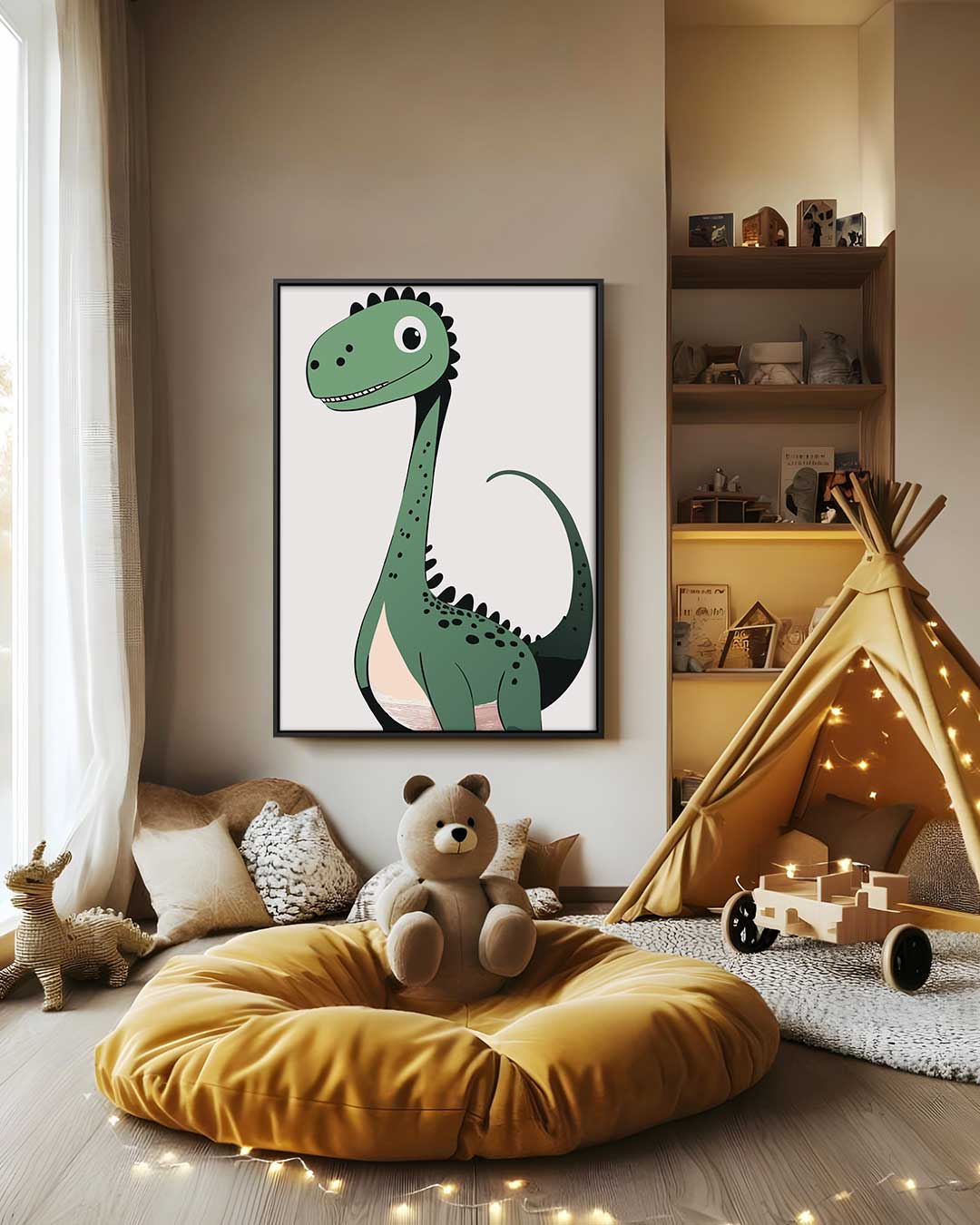 Vrolijke Dino Illustratie Kunstwerk-canvas-dibond-plexiglas-wanddecoratie-WallArtistic