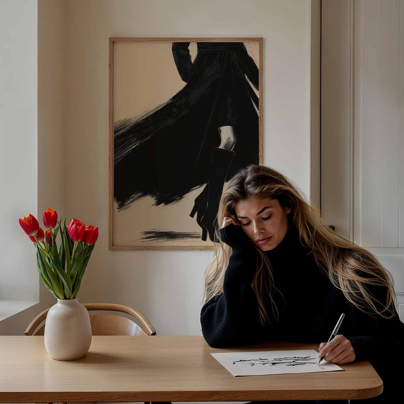 Elegante Stijlvolle Vrouw in Zwart Poster