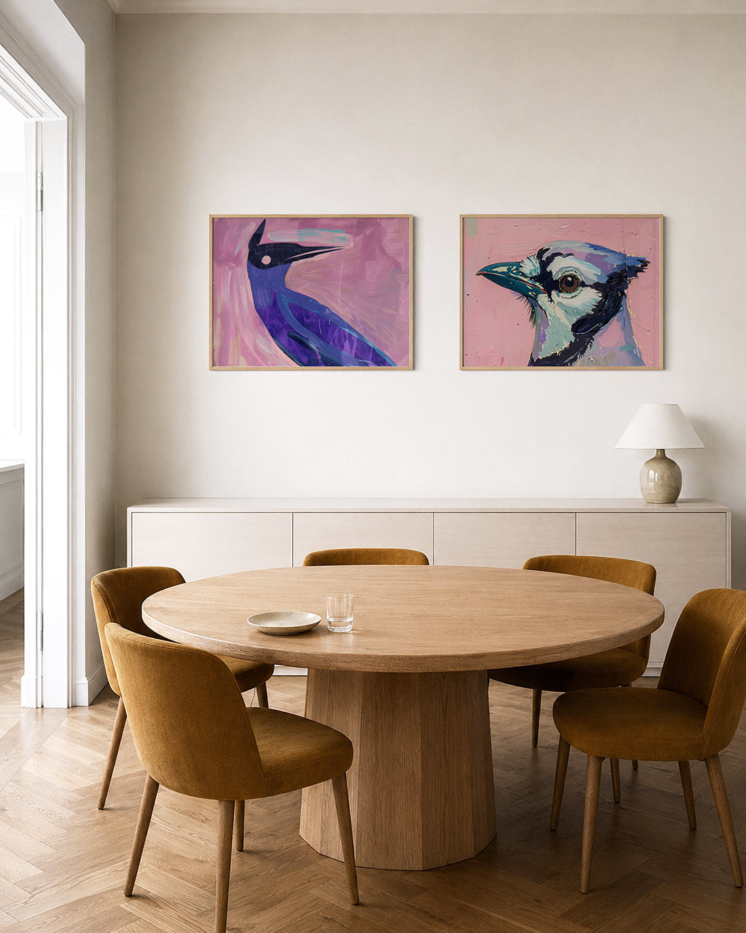Twee liggende posters met een dynamische compositie met een vorm in blauw en paars, aan de muur in een interieur