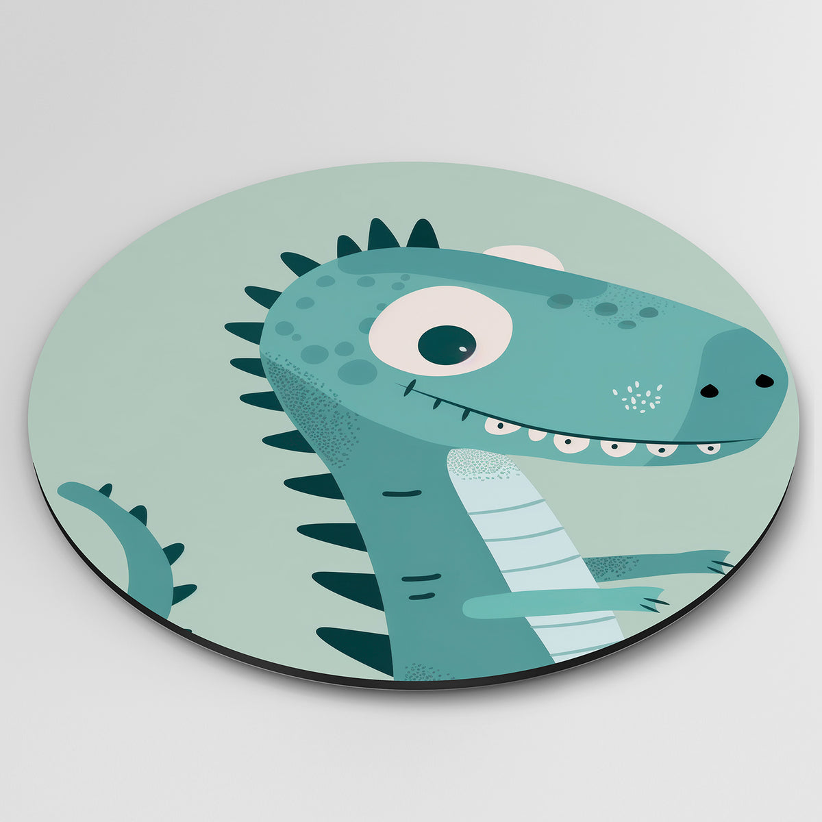 Blauwe dinosaurus Muurcirkel – detailweergave – Een speelse dinosaurus in verschillende tinten blauw met zwarte accenten.