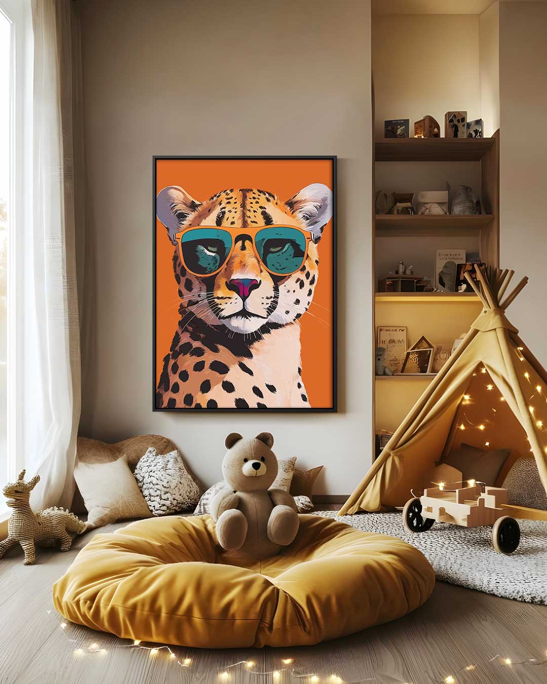 Stoere Jachtluipaard met Zonnebril Kunstwerk-canvas-dibond-plexiglas-wanddecoratie-WallArtistic