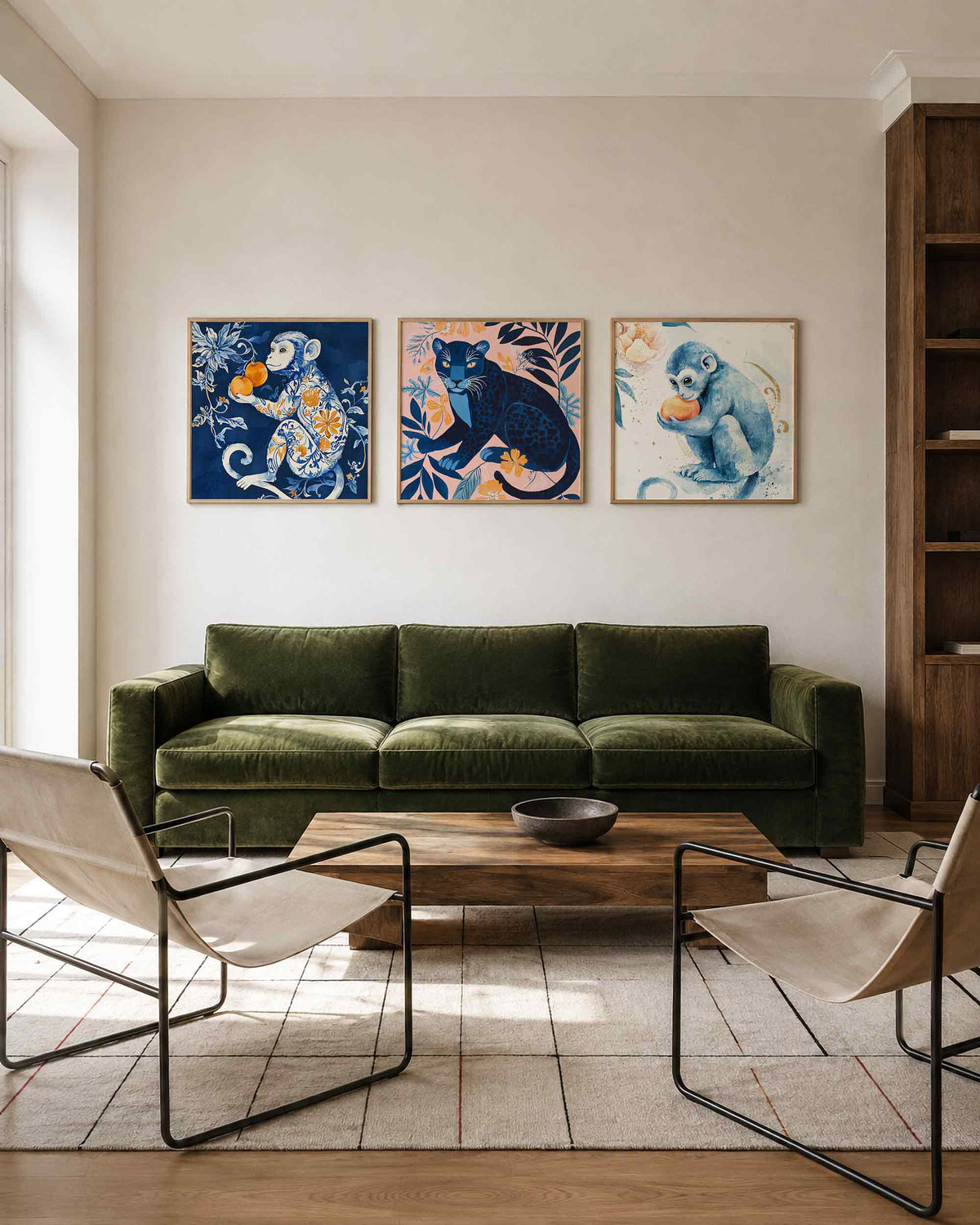 Interieurpresentatie van een driedelige vierkante posterset met apen en panter