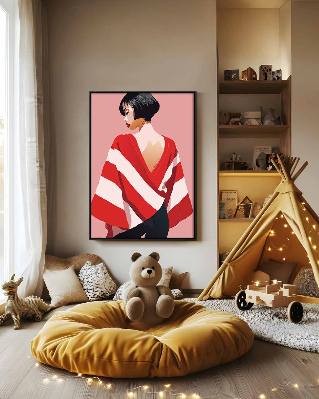 Vrouw met Rode en Witte Streep Cape Kunstwerk-canvas-dibond-plexiglas-wanddecoratie-WallArtistic