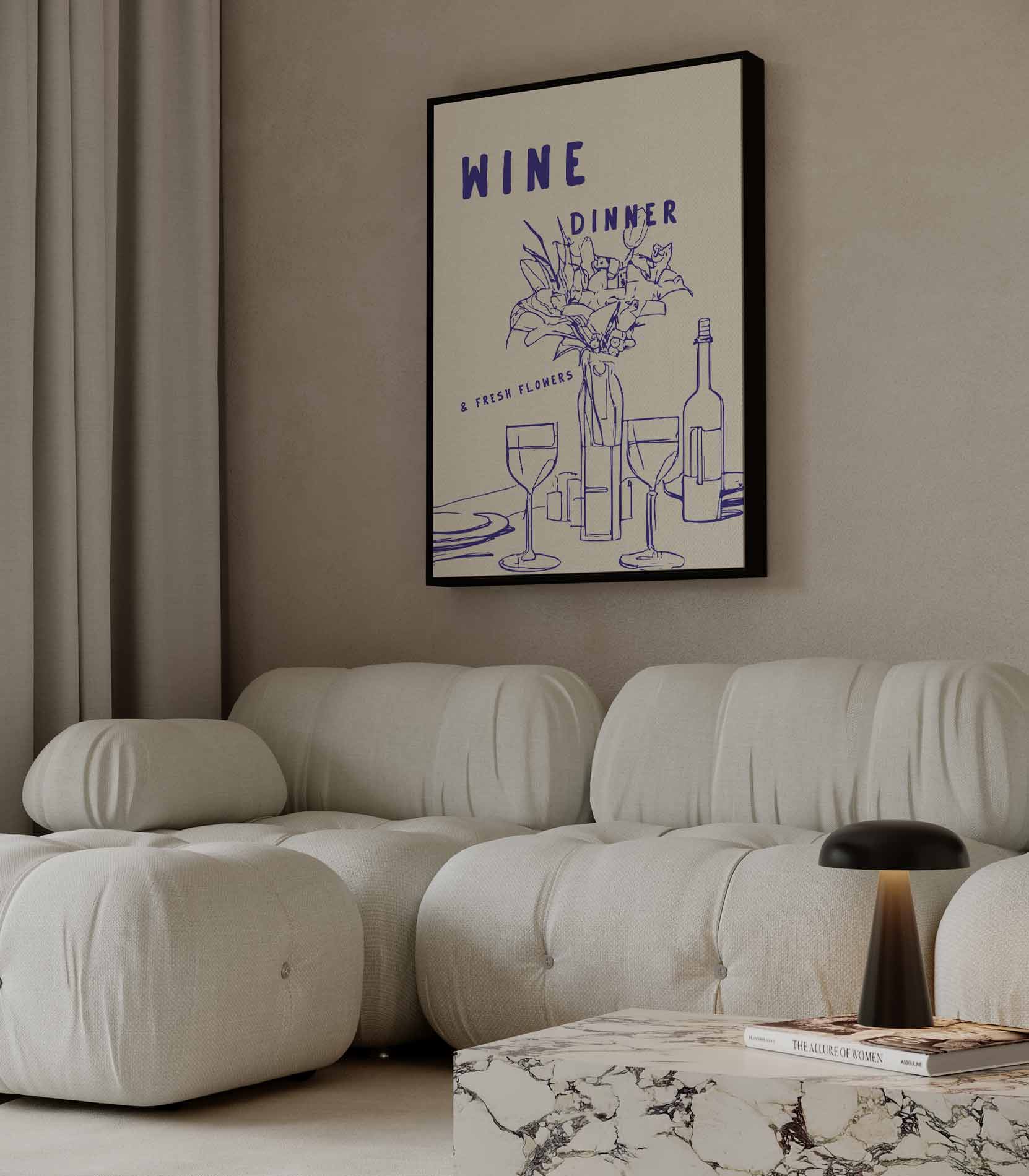 Wijn en Bloemen Diner Illustratie Kunstwerk-canvas-dibond-plexiglas-wanddecoratie-WallArtistic