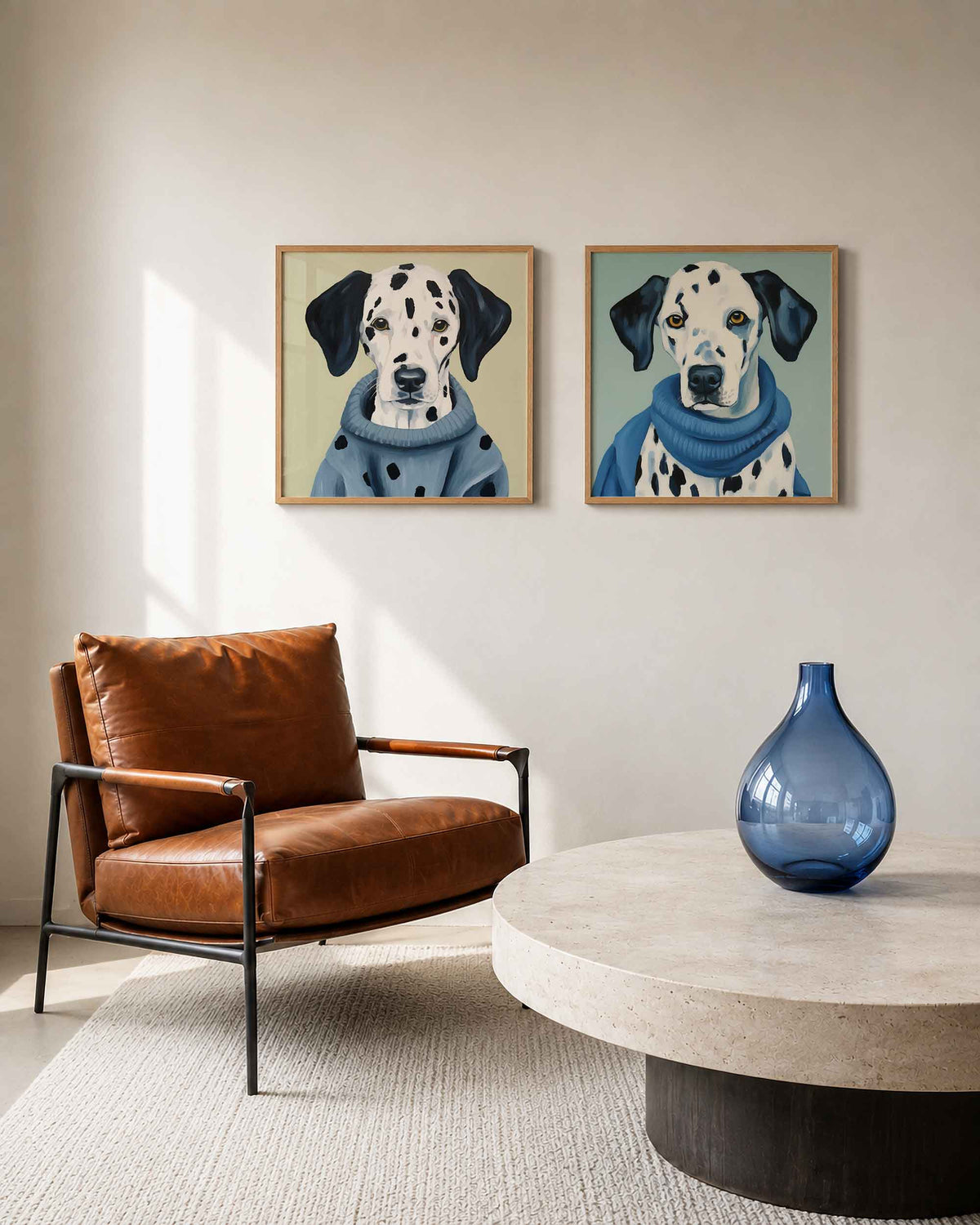 Interieurpresentatie van een tweedelige vierkante posterset met dalmatiër portretten