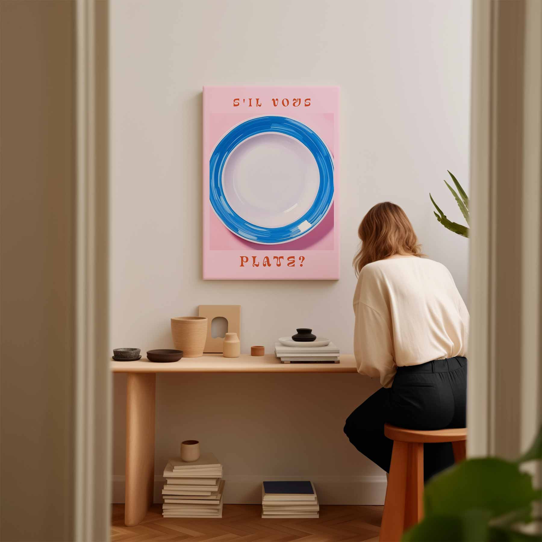 S'il Vous Plate? - Speelse Blauw-Witte Bordenkunst Kunstwerk-canvas-dibond-plexiglas-wanddecoratie-WallArtistic