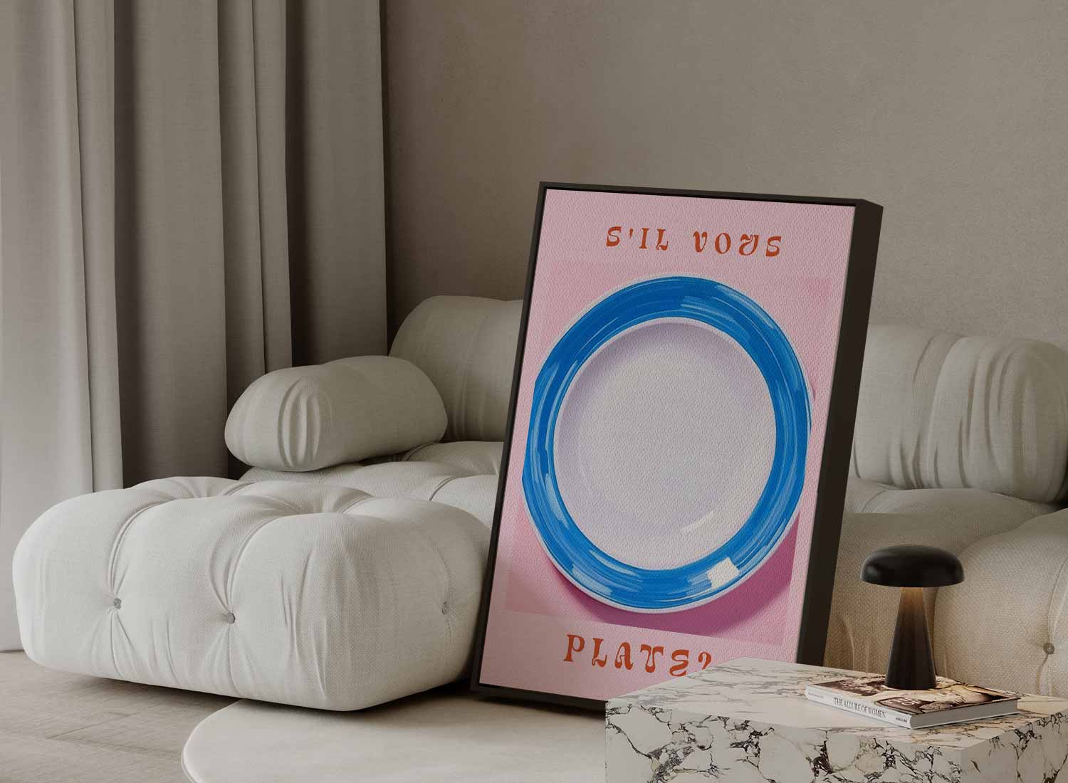 S'il Vous Plate? - Speelse Blauw-Witte Bordenkunst Kunstwerk-canvas-dibond-plexiglas-wanddecoratie-WallArtistic
