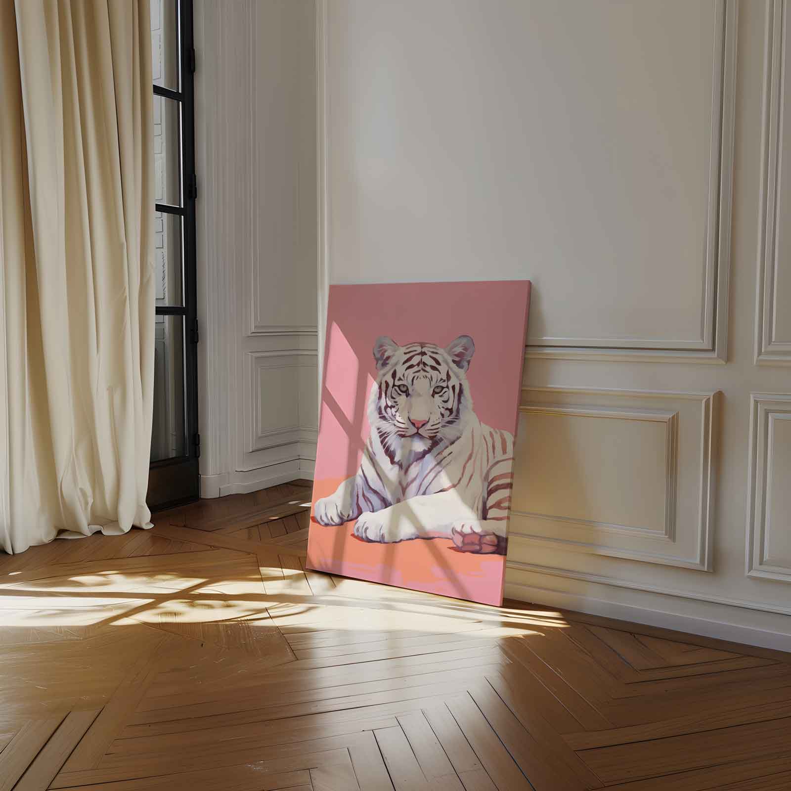 Charmante Witte Tijger op Roze Kunstwerk-canvas-dibond-plexiglas-wanddecoratie-WallArtistic
