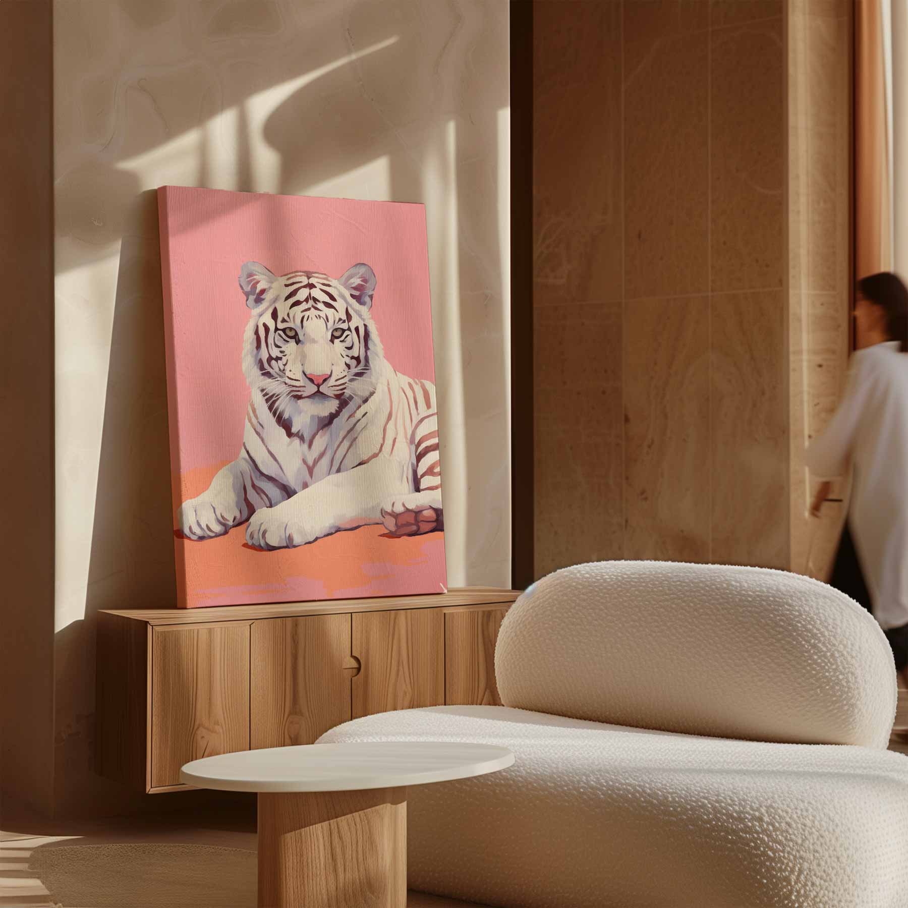 Charmante Witte Tijger op Roze Kunstwerk-canvas-dibond-plexiglas-wanddecoratie-WallArtistic