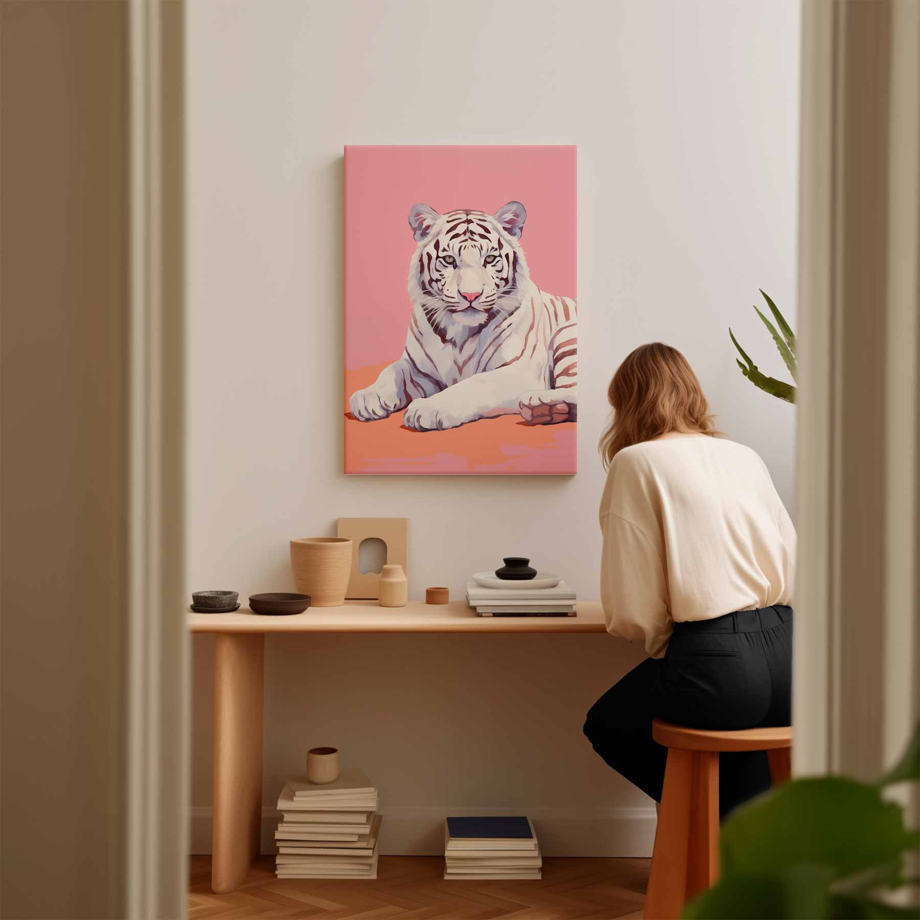 Charmante Witte Tijger op Roze Kunstwerk-canvas-dibond-plexiglas-wanddecoratie-WallArtistic