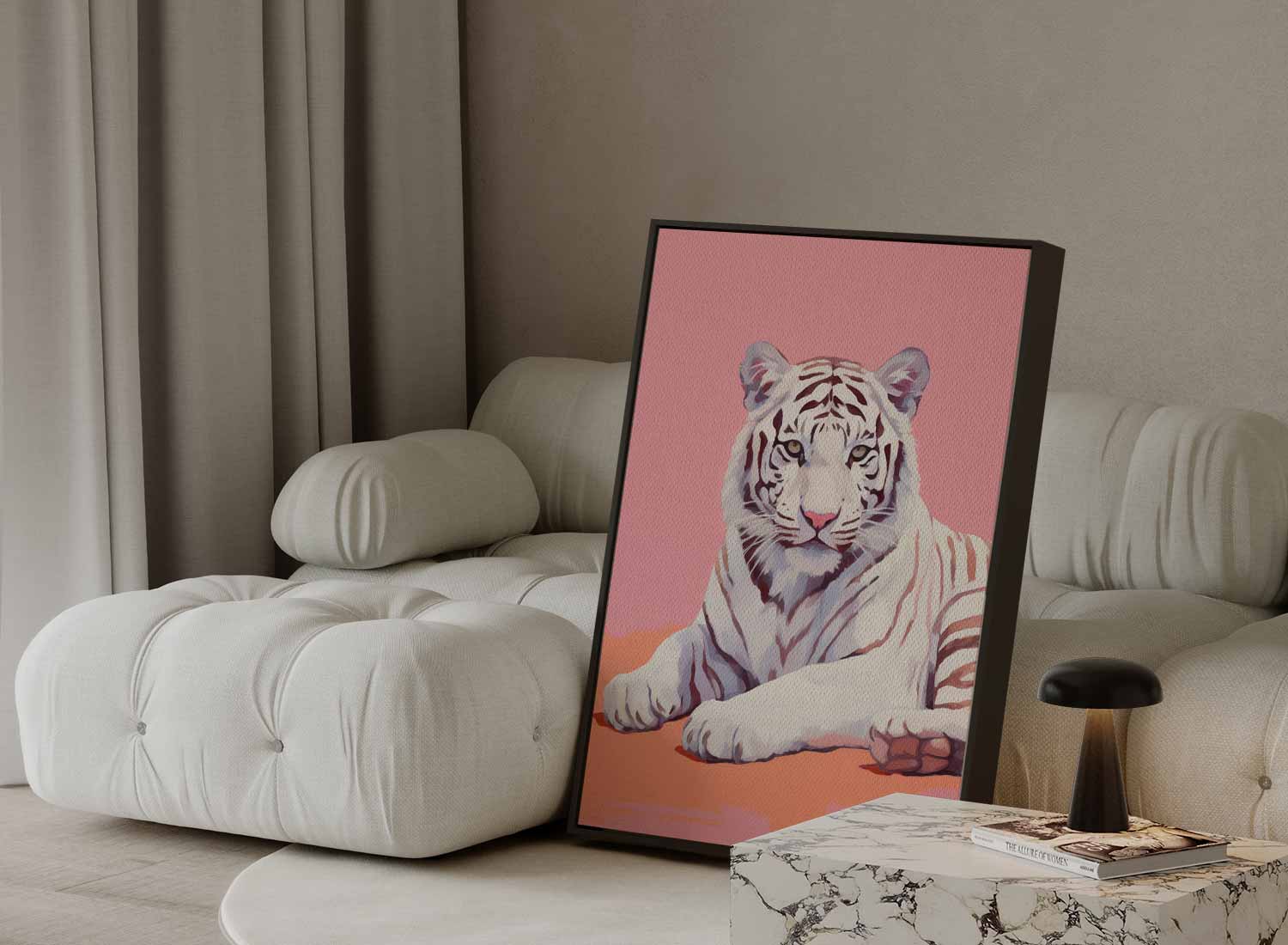 Charmante Witte Tijger op Roze Kunstwerk-canvas-dibond-plexiglas-wanddecoratie-WallArtistic