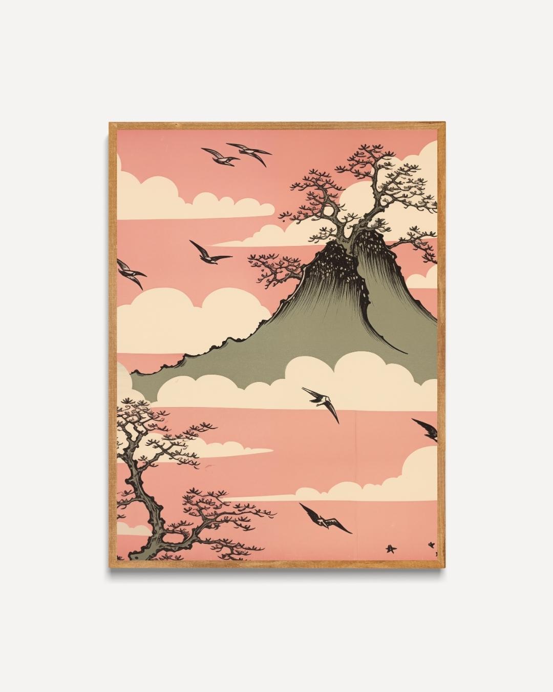 Japanese Mountain and Birds Poster