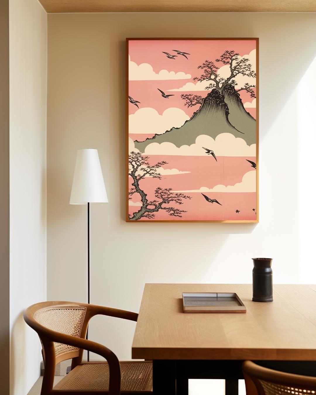 Japanese Mountain and Birds Poster